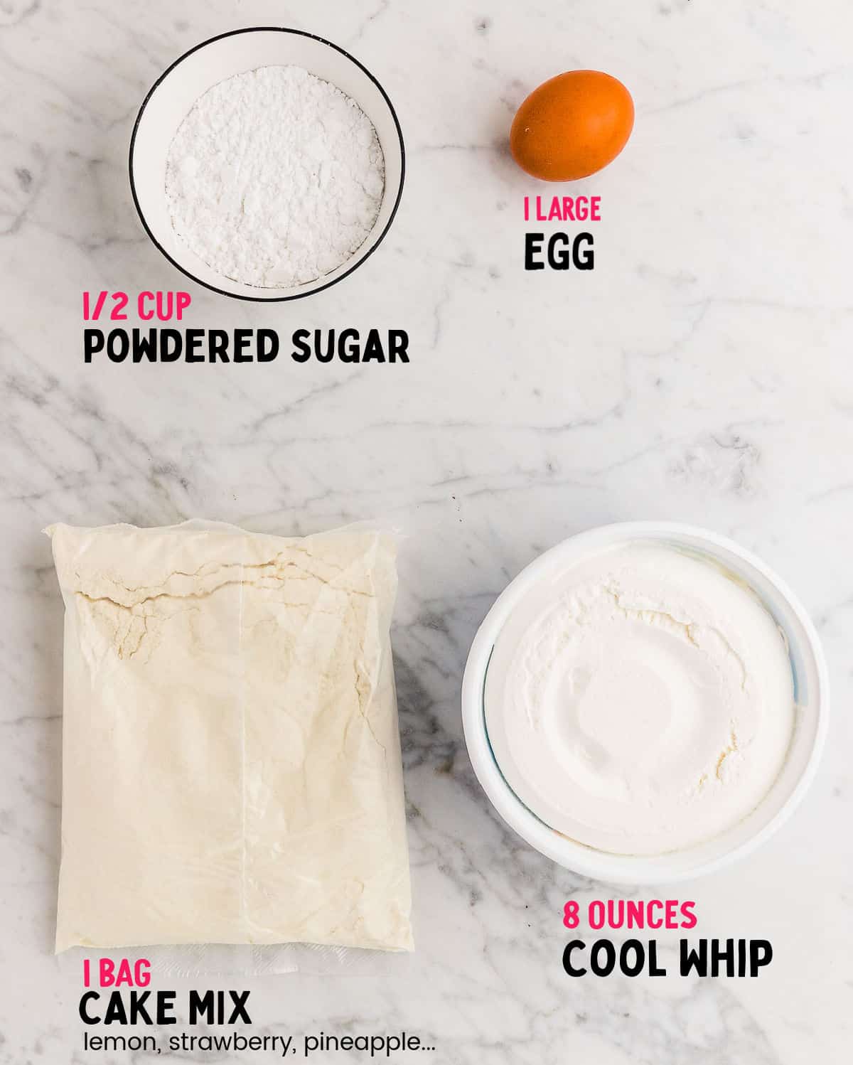Ingredients needed to make Cool Whip Cookies. 