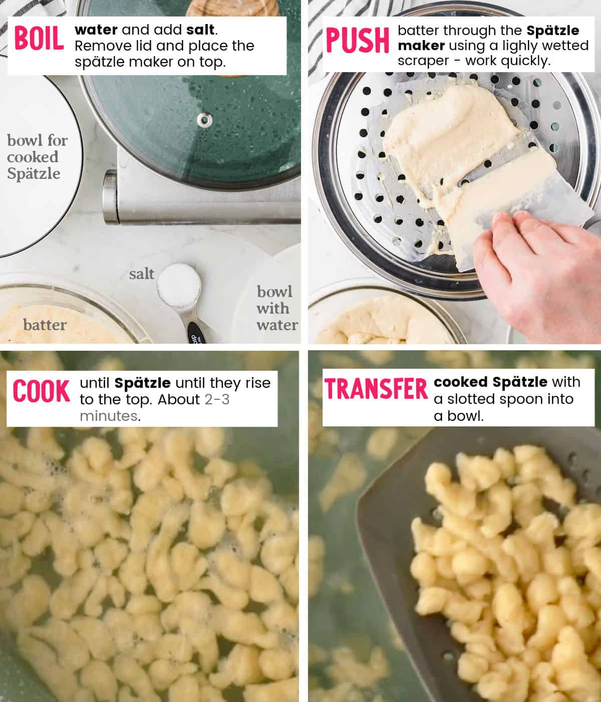 Steps showing how to cook the spätzle in boiling salt water.