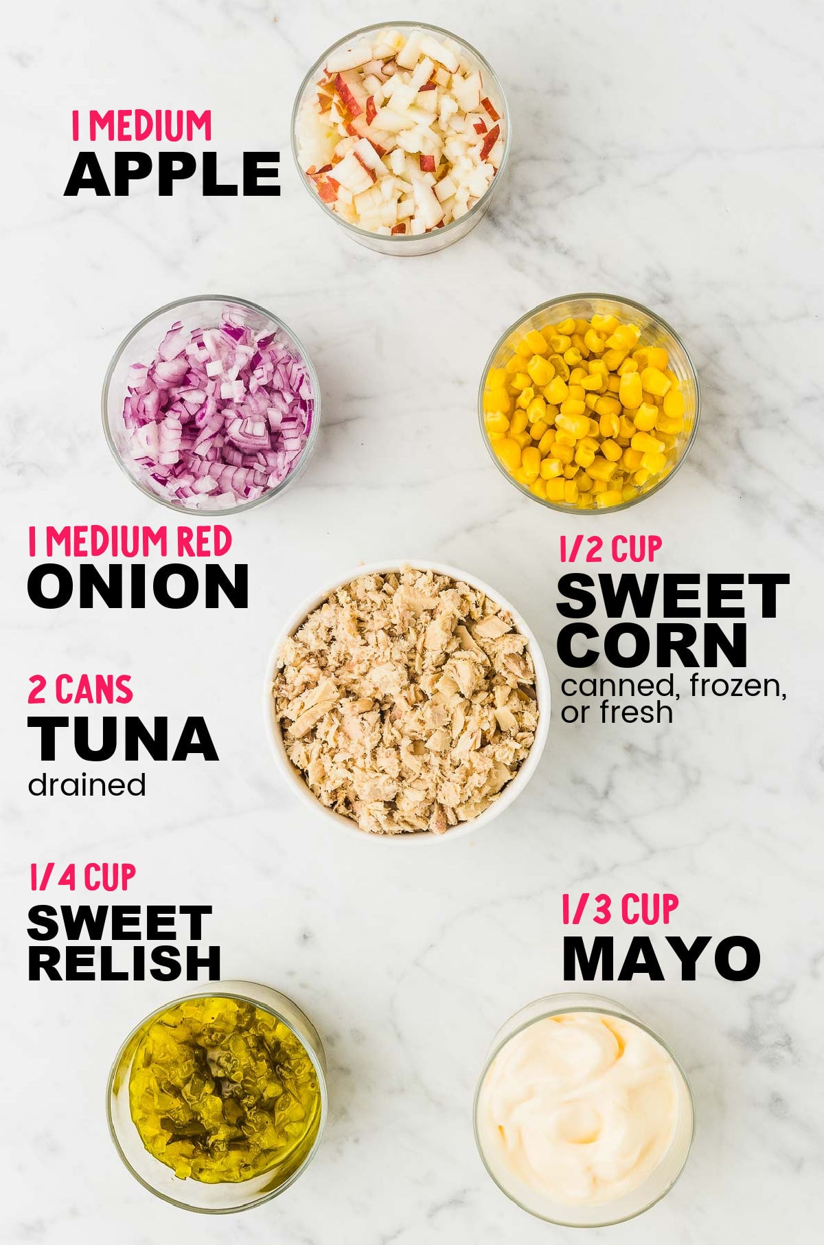 Ingredients needed to make a Sweet & Savory Tuna Salad.