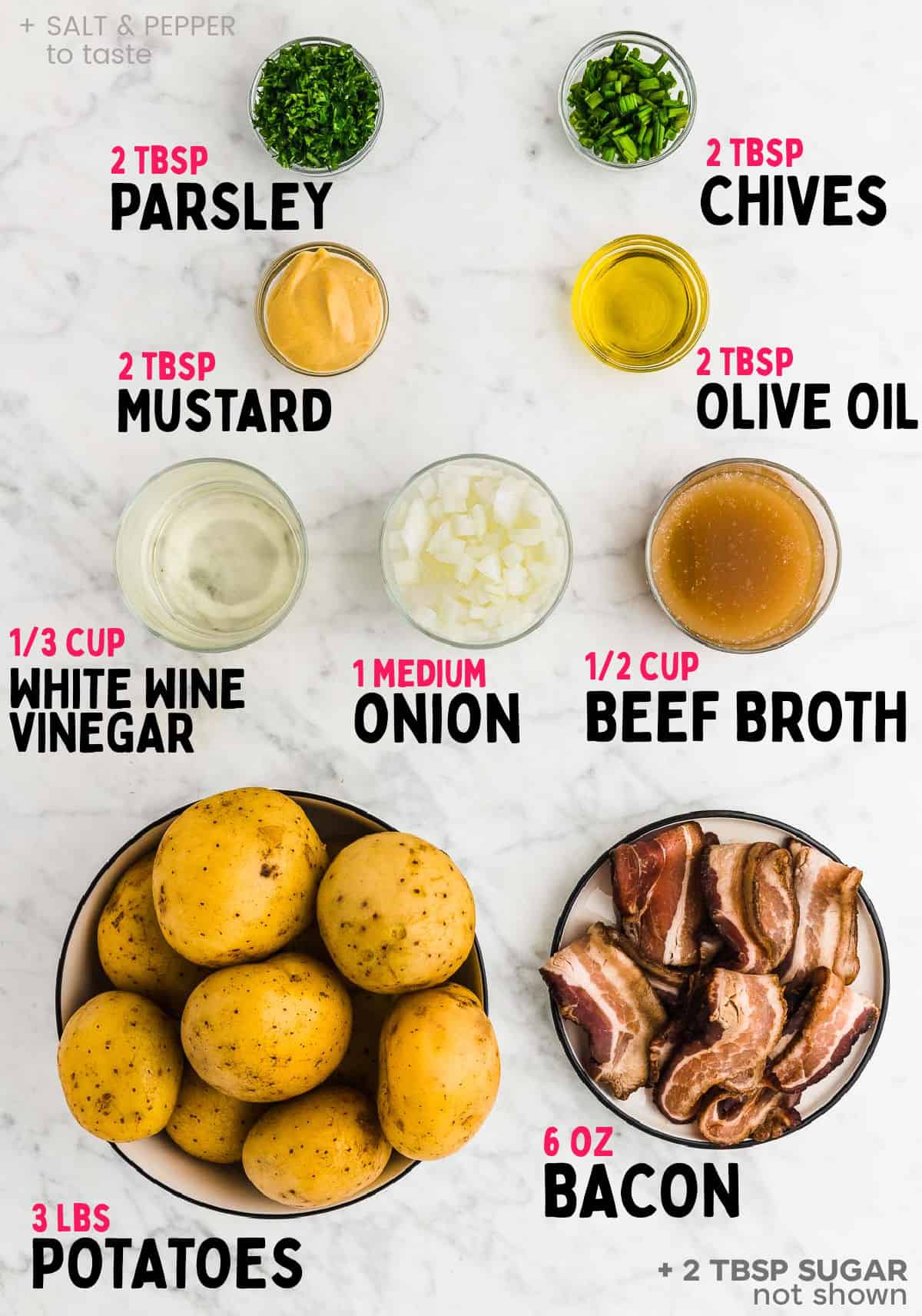 Ingredients needed to make warm German Potato Salad with bacon.