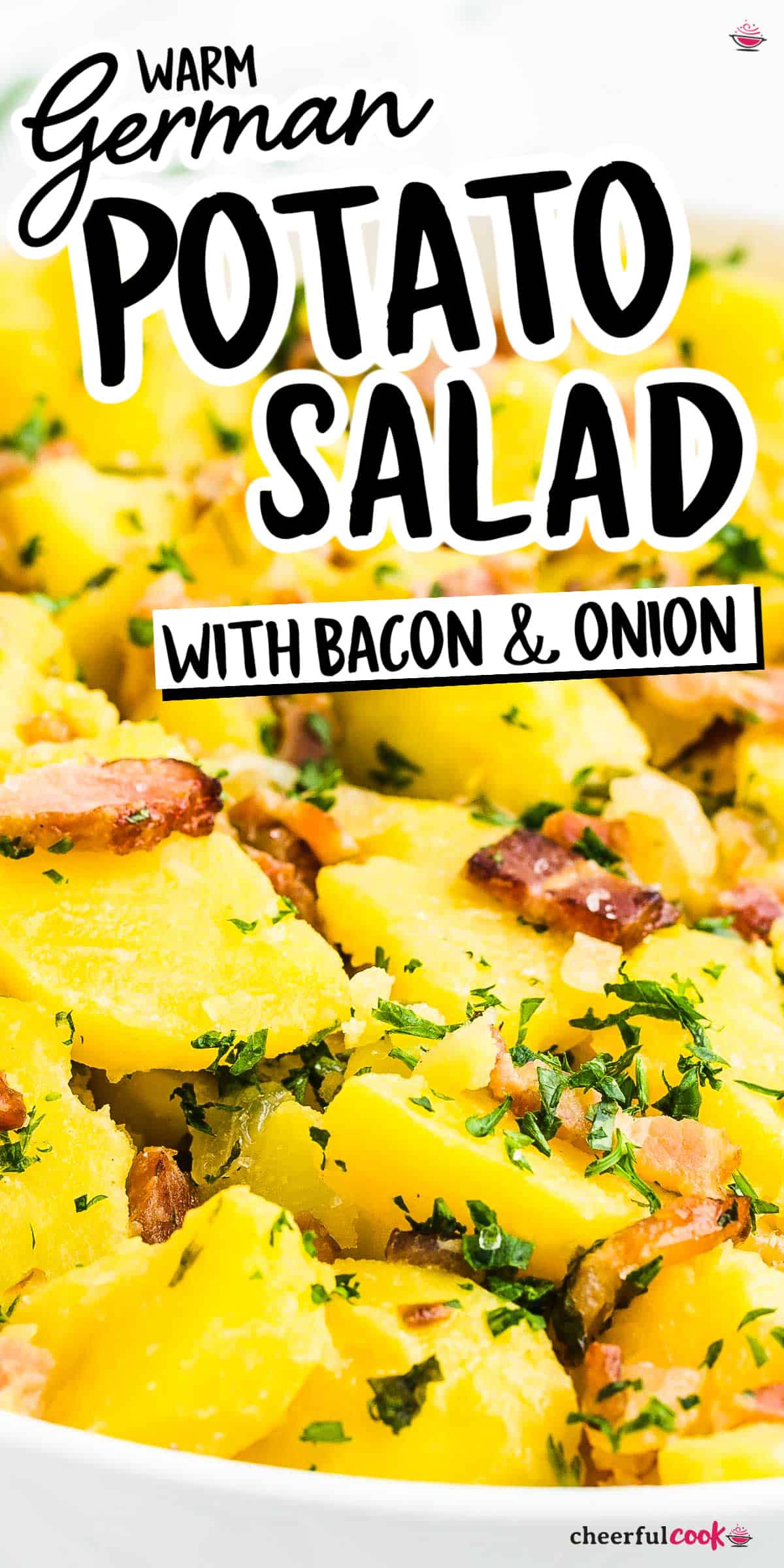THE BEST German Potato Salad ~ a warm potato salad recipe that can be served as a main dish or a side dish! Warm potatoes are topped with a smoky, sweet, and tangy bacon dressing and lots of crispy bacon. Perfect for picnics, potlucks, or barbecues! #cheerfulcook #germanpotatosalad #warmpotatosalad #hotgermanpotatosalad #bacon #warmerkartoffelsalat | cheerfulcook.com via @cheerfulcook