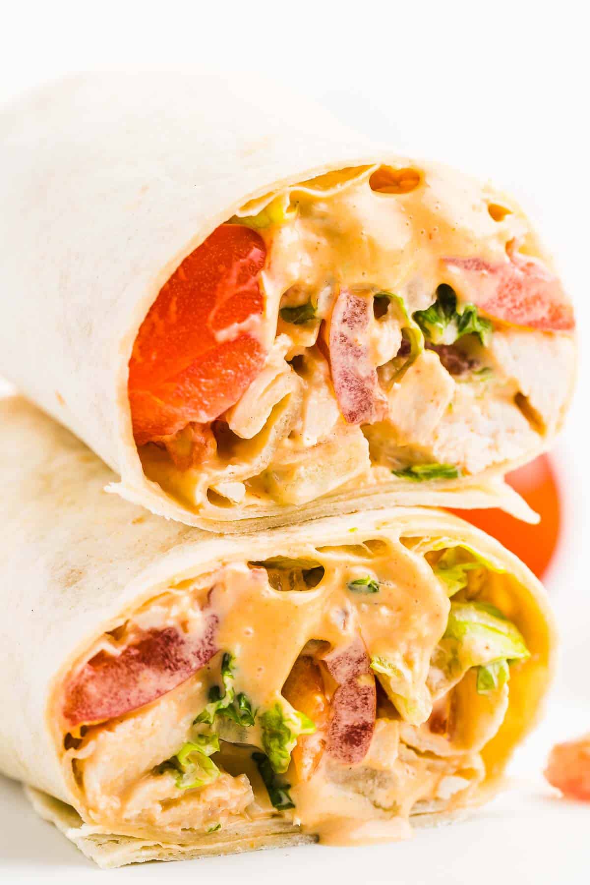 Closeup of a stack of Chipotle Chicken Wrap.