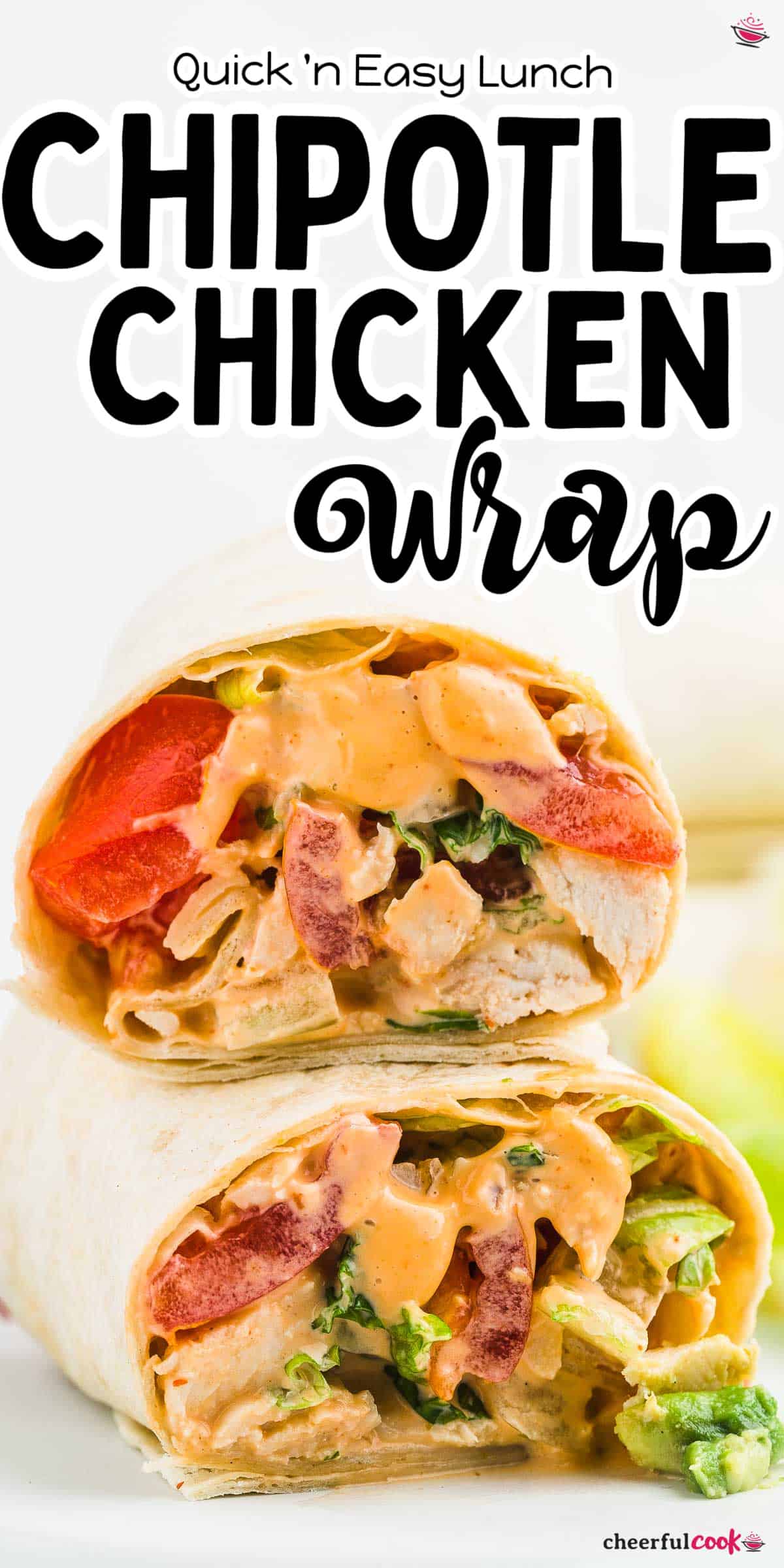 This Chipotle Chicken Wrap recipe is easy to make and tastes like you're eating at a restaurant! Packed with chicken, tomato, and avocado, it's perfect for a quick and healthy lunch. #cheerfulcook #chickenwrap #chiptole #chiptolechicken #lunch #recipe #easy via @cheerfulcook
