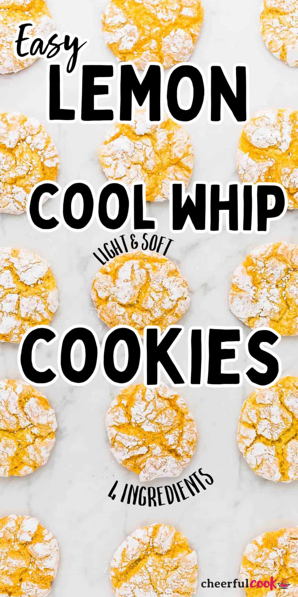 This soft-baked, cakelike Cool Whip Cookie recipe is the ultimate 4 ingredient cookie recipe! These easy-to-make, deliciously chewy lemon cake mix cookies make a great dessert, snack, or lunchtime treat. #cheerfulcook #coolwhipcookies #cakemixcookies #lemoncoolwhipcookies #easyrecipe #sugarcookies #cookies via @cheerfulcook