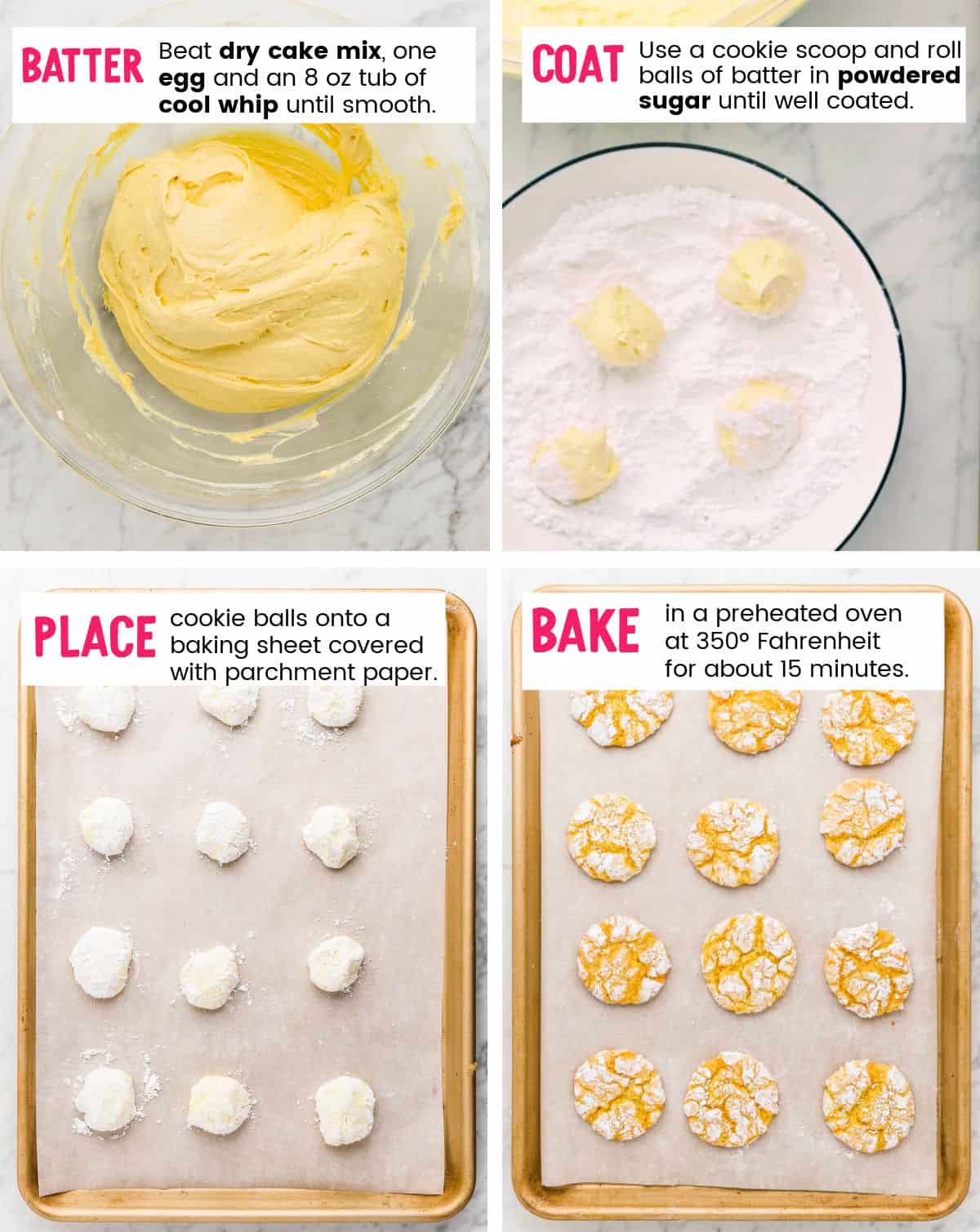 Steps illustrating how to make 3 ingredient Cool Whip Cookies.