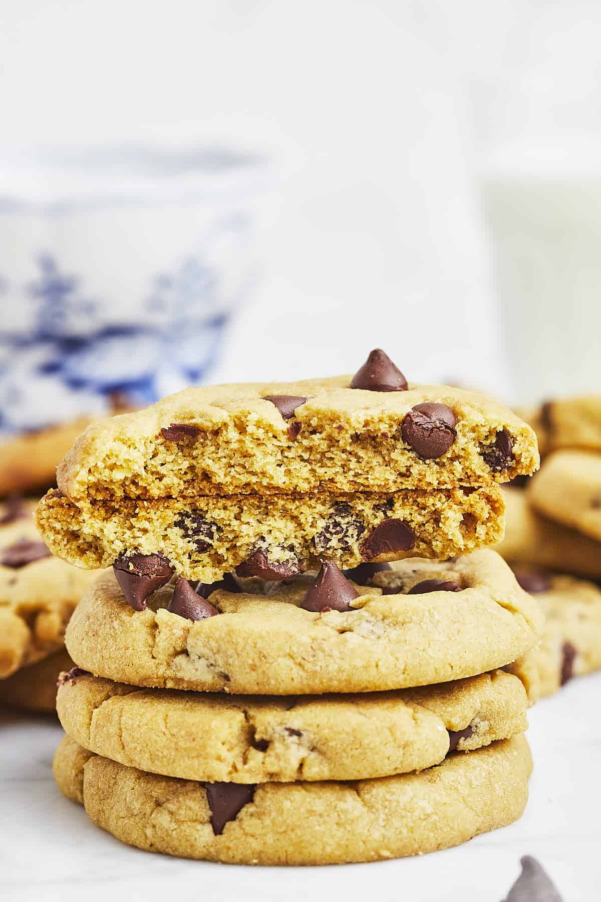 Closeup of a stack of Chocolate Chip Cookies.