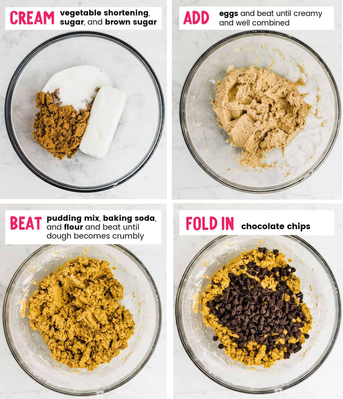 Images showing steps of how to make the cookie dough for the Chocolate Chip Cookies.