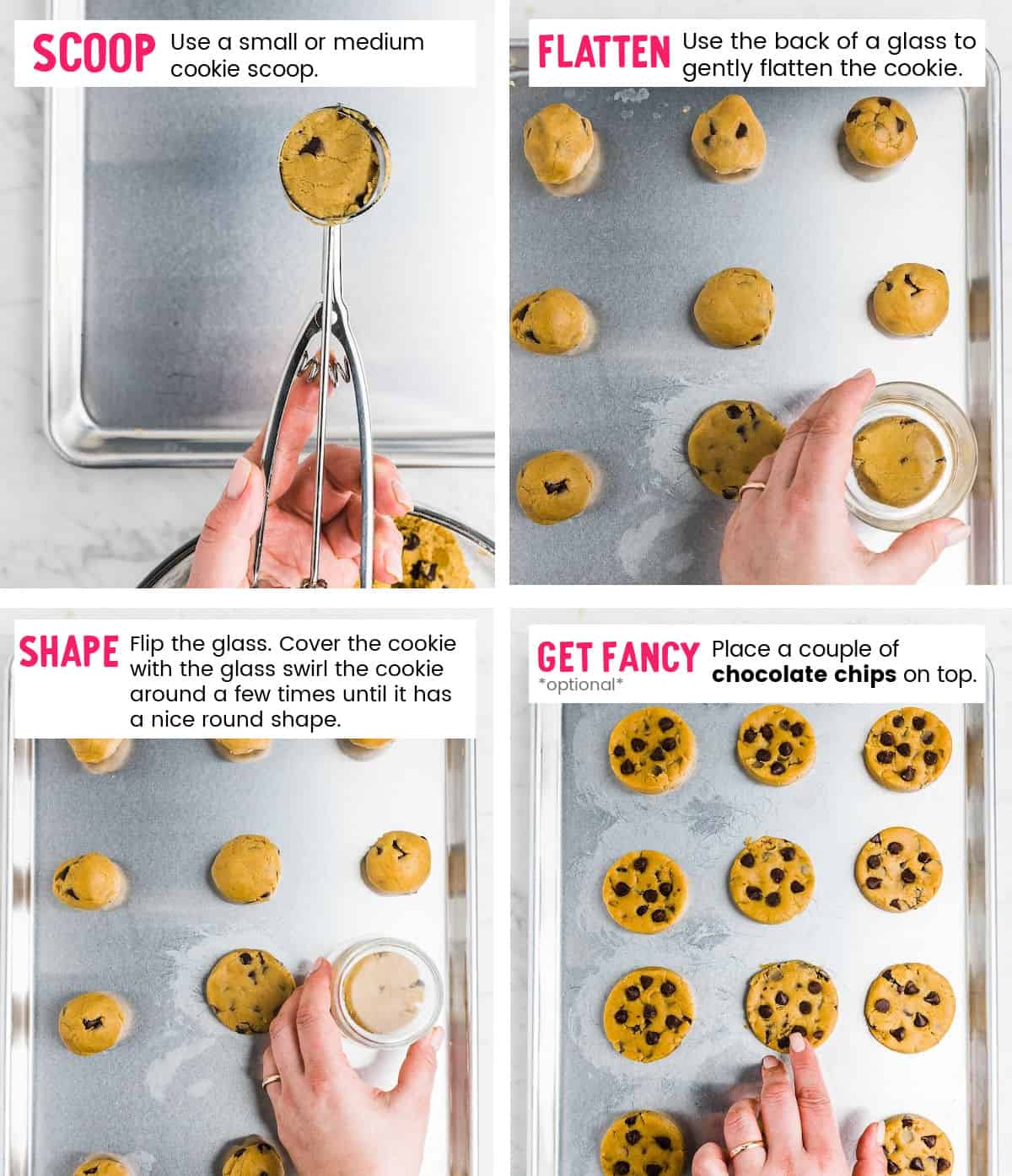 Collage of images showing how to prepare the cookies for baking.
