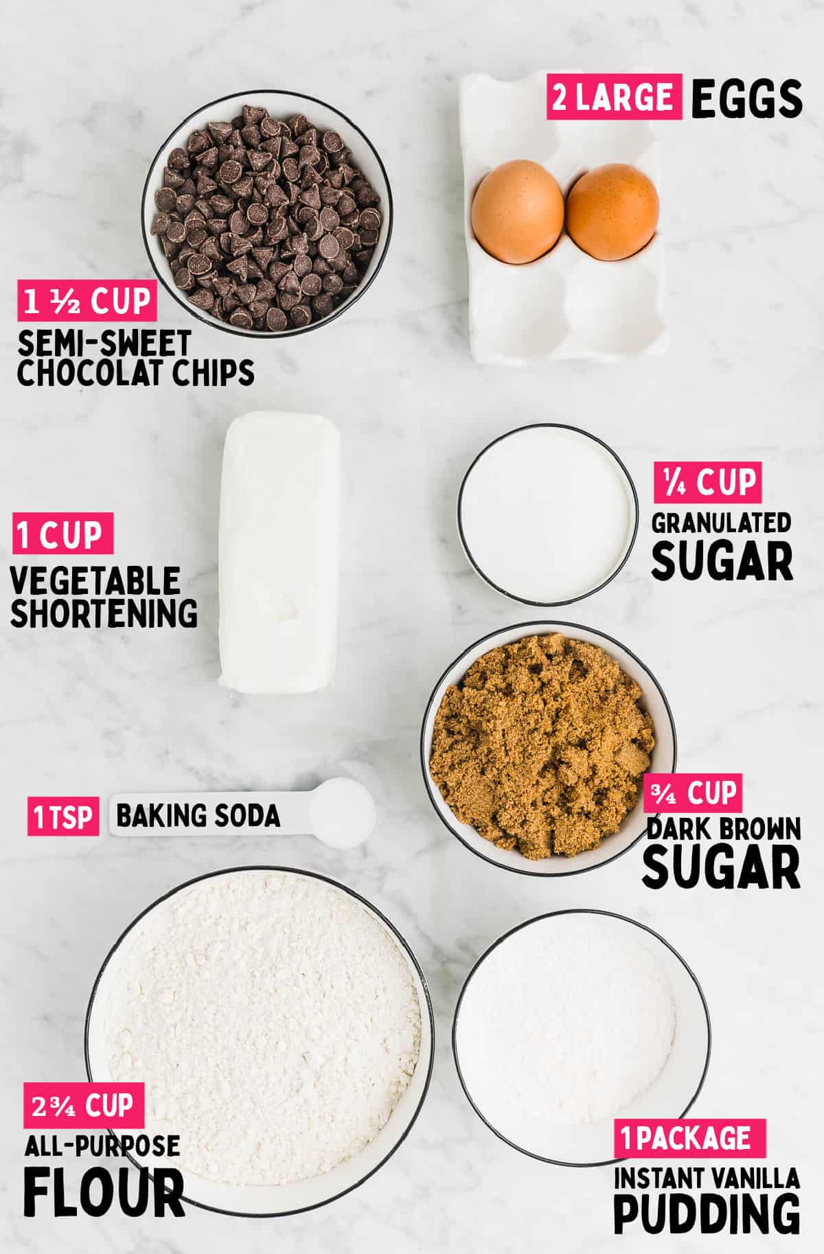 Ingredients needed to make Chocolate Chip Cookies.