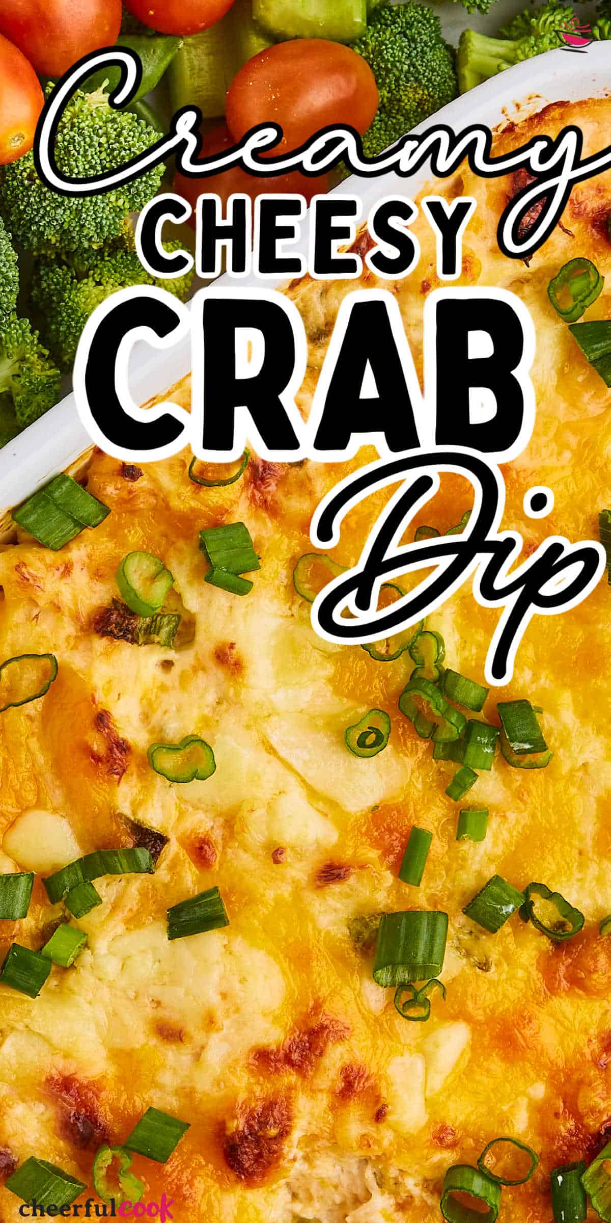 This cheesy, creamy crab dip is a perfect party appetizer. It's made with cream cheese, sour cream, cheddar, parmesan cheese, and green onions for an extra kick of flavor!  #cheerfulcook #crabdip #cheesydip #seafooddip #lumpcrab #appetizer via @cheerfulcook