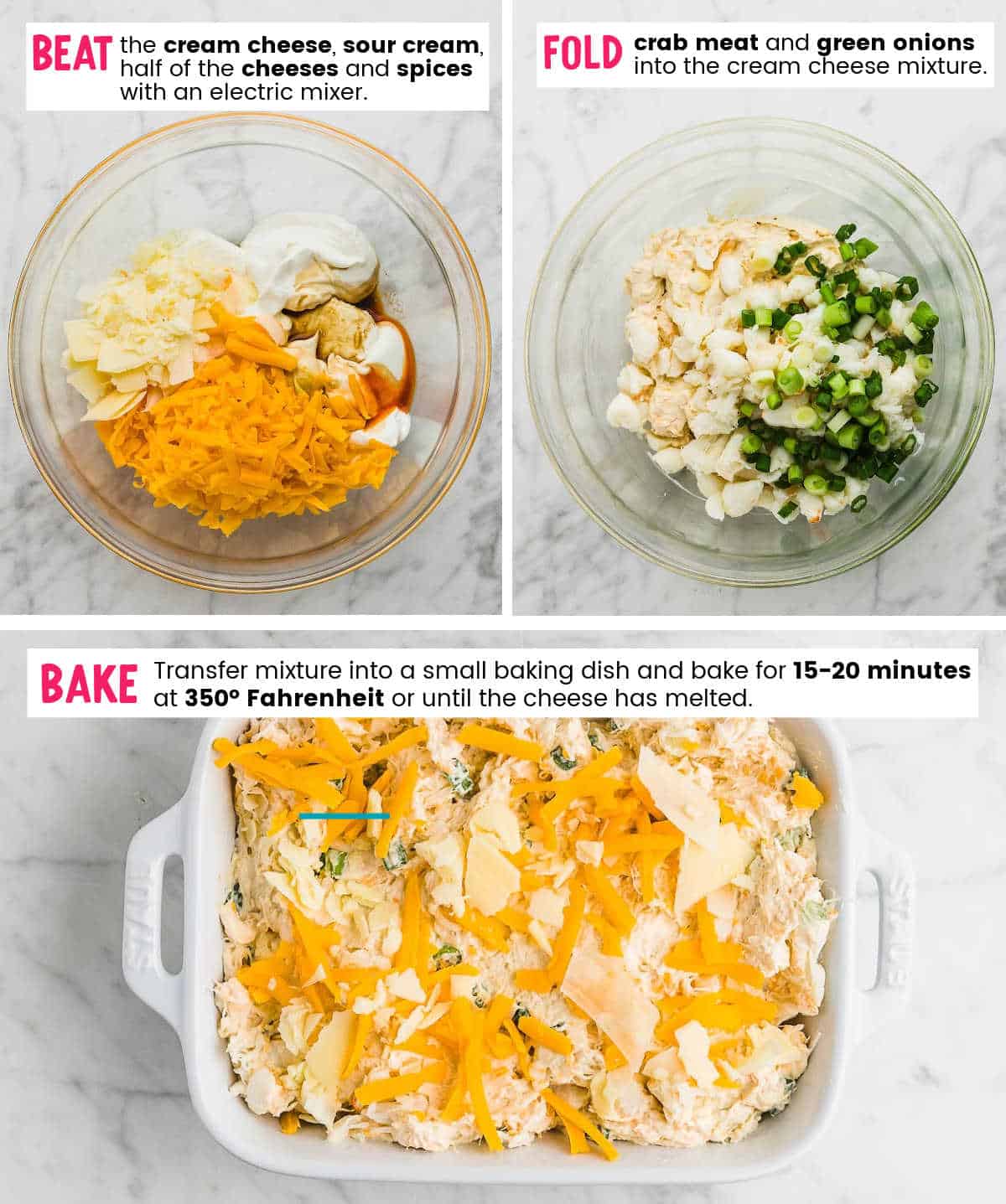 Steps showing how to make an easy cheesy hot Crab Dip.