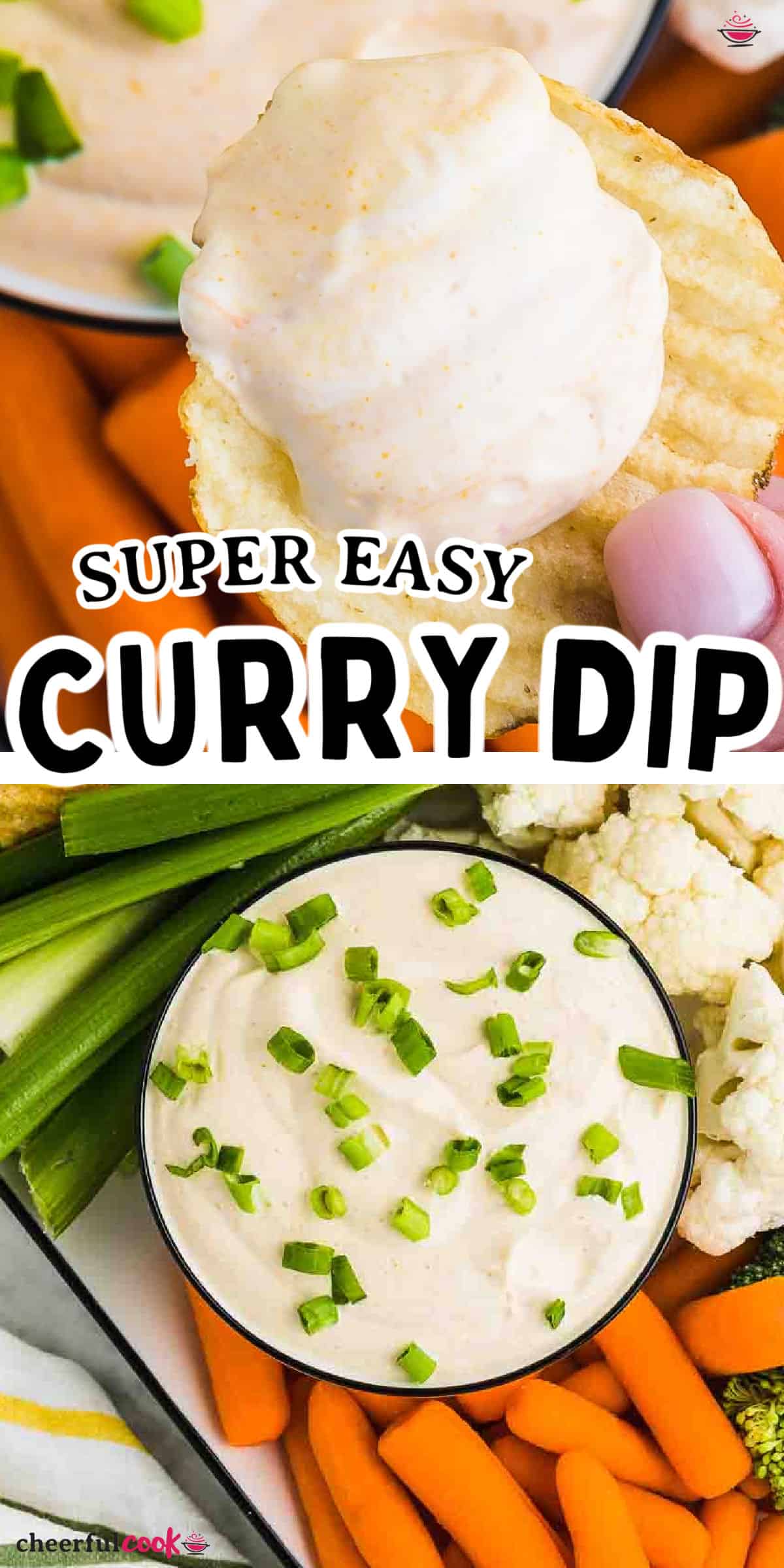 This delicious, easy 5-minute Curry Dip is perfect with veggies, crackers, and chips. Great for parties, game days, or potlucks. #cheerfulcook #currydip #recipe #veggiedip #creamydip #sourcreamdip via @cheerfulcook