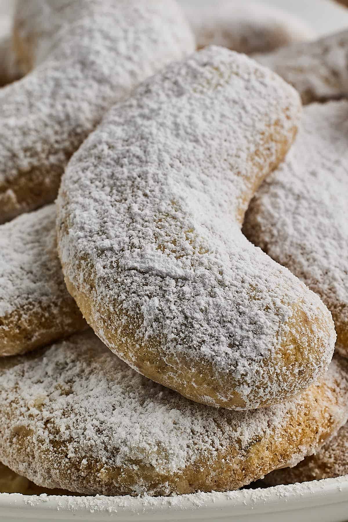 Closeup of an Almond Crescent Cookie (Vanillekipferl).