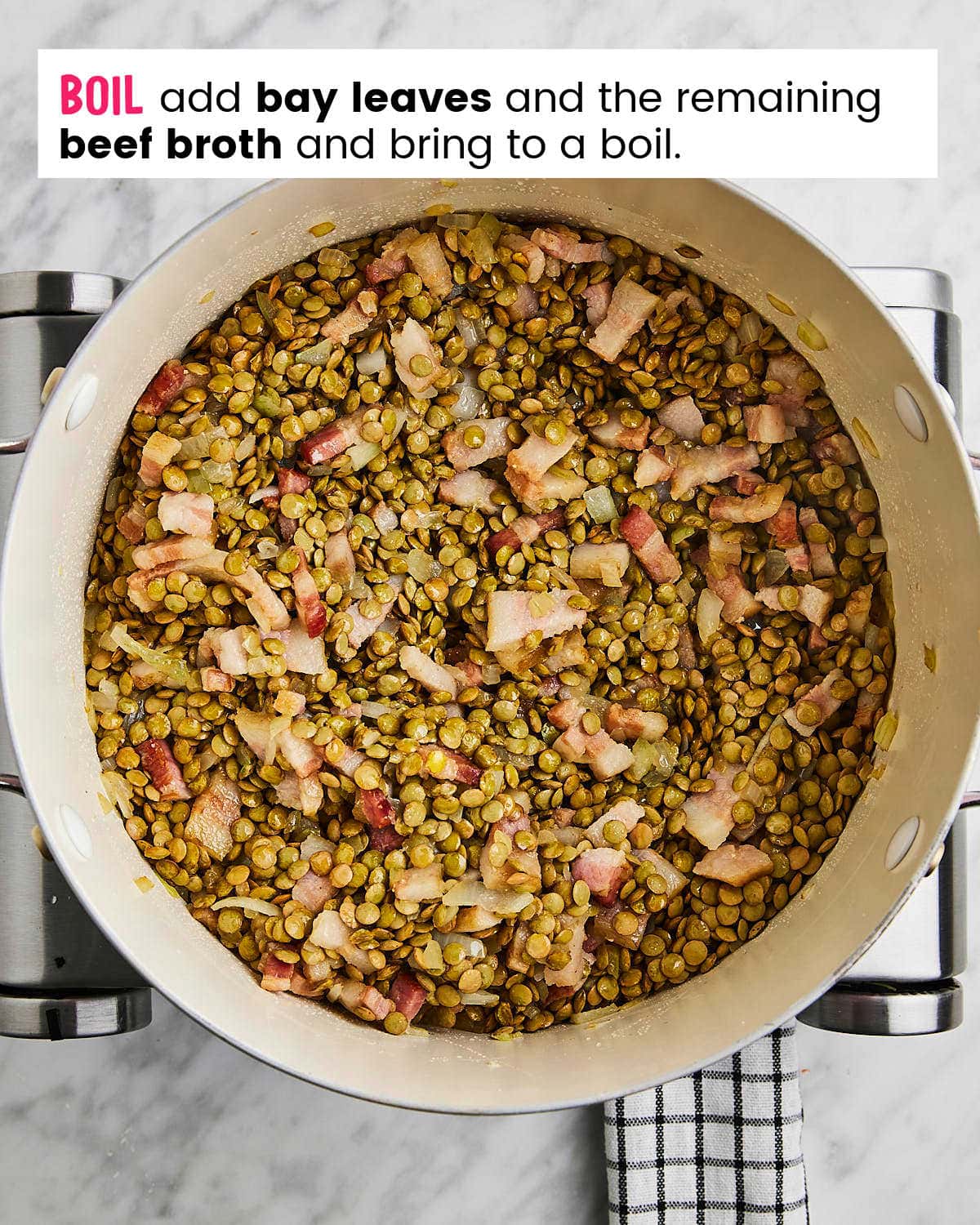 Process Step: Add lentils, bay leaves, broth and boil.