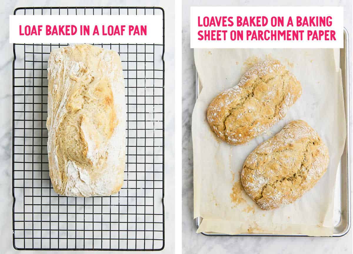 Bread loaves being baked in a loaf pan vs on parchment paper.