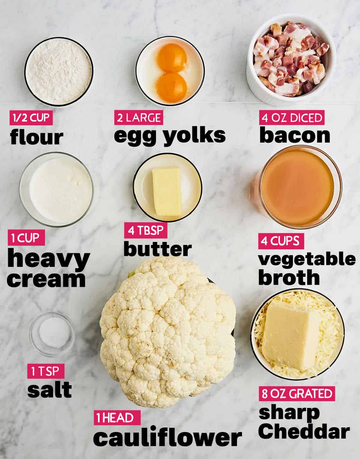 Ingredients needed to make Cheesy Cauliflower Soup.