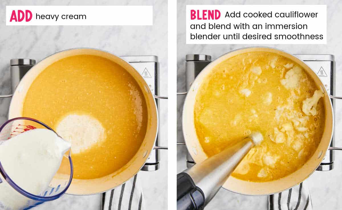 Step: Adding cream and cauliflower and blending it with an immersion blender.