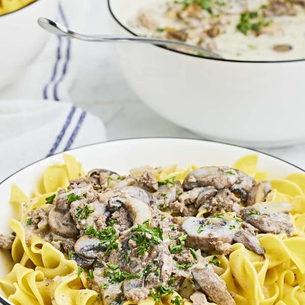 Ground Beef Stroganoff served over egg noodles.