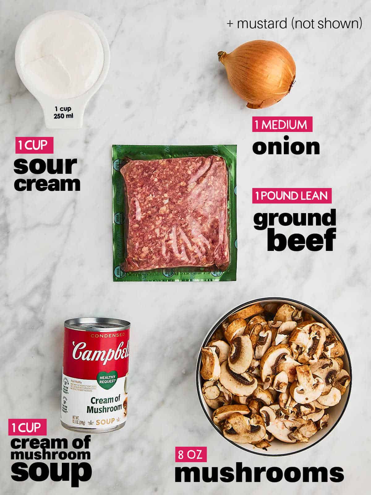 Ingredients needed to make Ground Beef Stroganoff. 