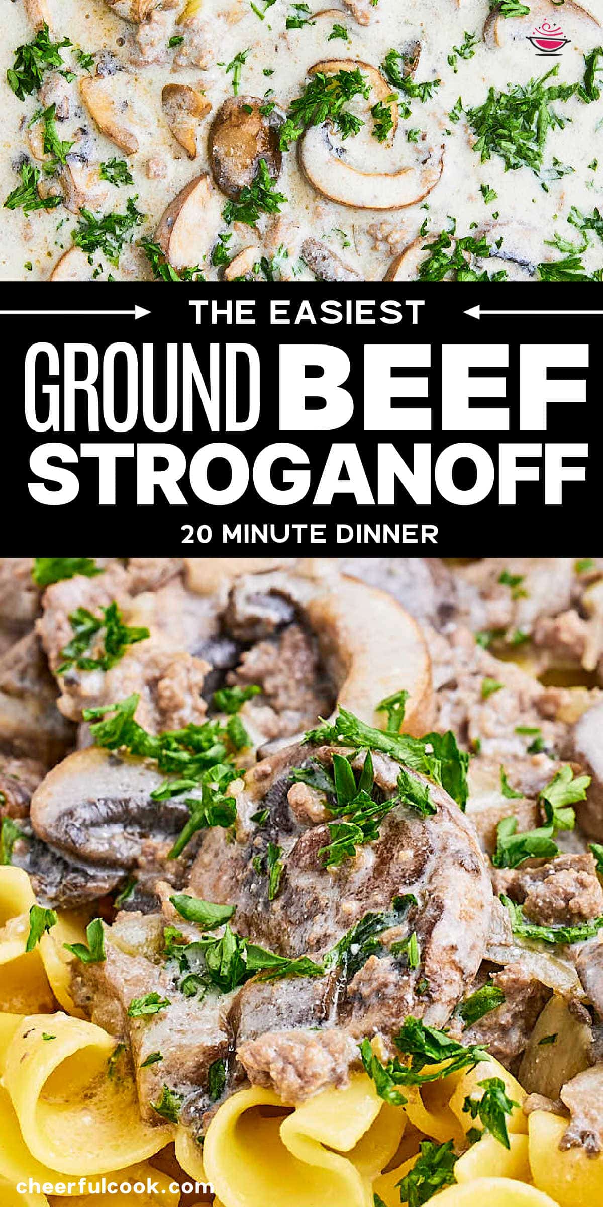 Mouthwatering ground beef, onions, and mushrooms are cooked in an irresistible cream of mushroom sauce perfected with mustard and sour cream. It's a perfect, easy, 20-minute comfort food recipe. #cheerfulcook #beefstroganoff #groundbeefstroganoff #hamburgerstroganoff #20minutedinner via @cheerfulcook