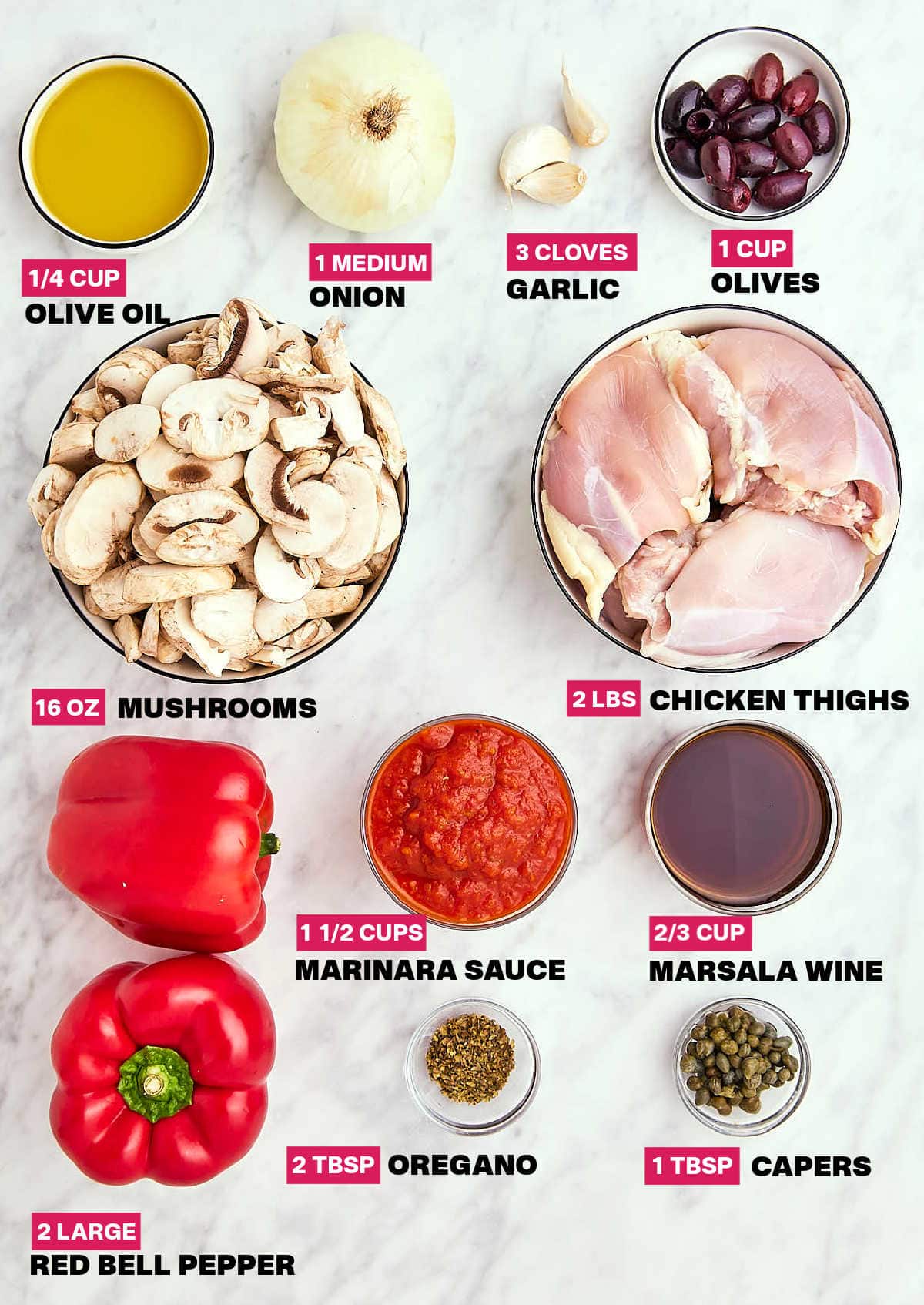 Ingredients needed to make Chicken Cacciatore.