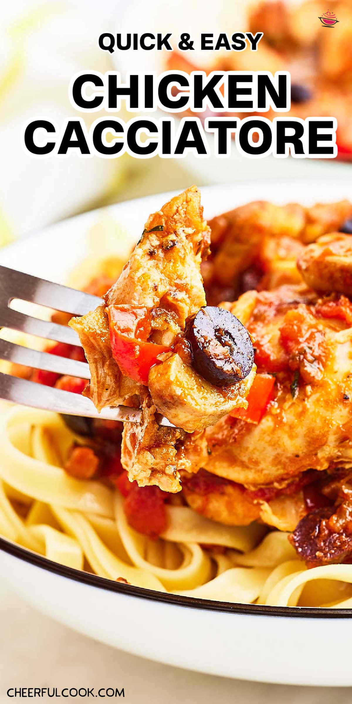 This Chicken Cacciatore is a real showstopper! A classic restaurant dish adapted so you can easily make it at home with minimal ingredients. Serve over pasta, potatoes, rice, or even polenta! #chickencacciatore #cheerfulcook #restaurantrecipes #chicken #recipeseasy #weeknightdinner via @cheerfulcook