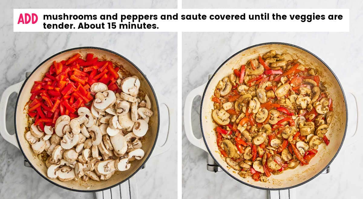 STEP: Sauté with peppers and mushrooms until tender.