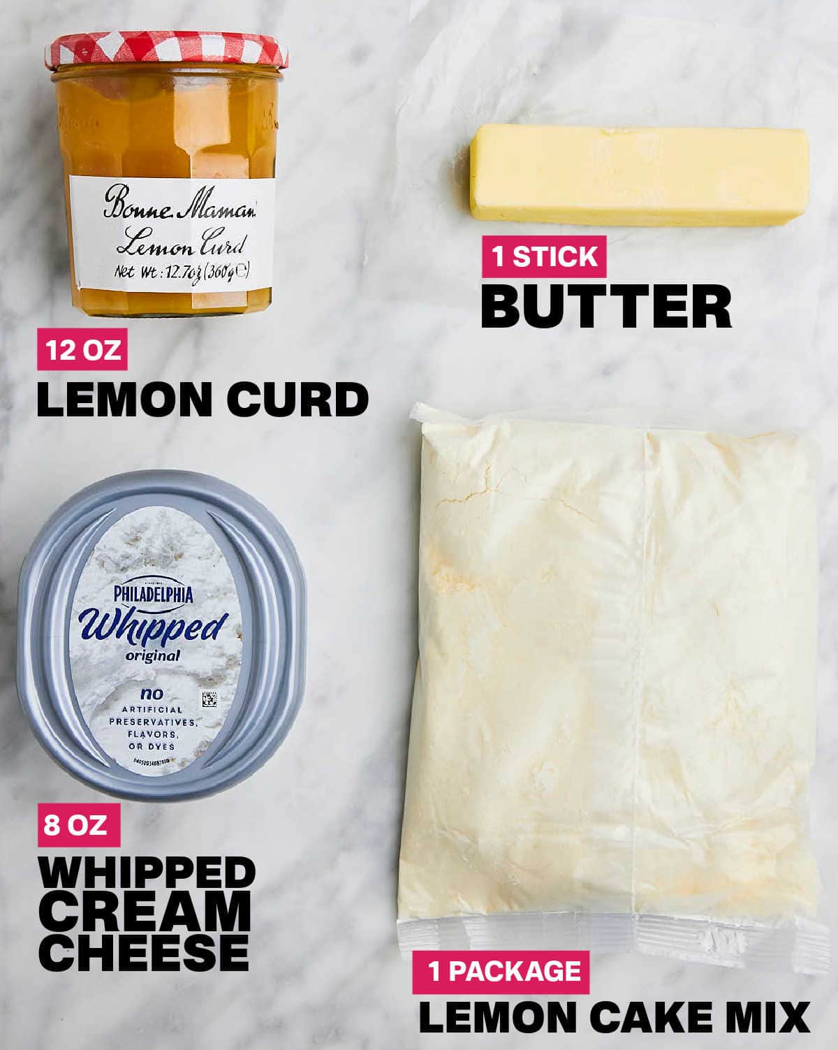Ingredients needed to make a Lemon Dump Cake.