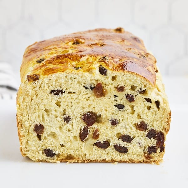 Closeup of a sliced Raisin Bread.