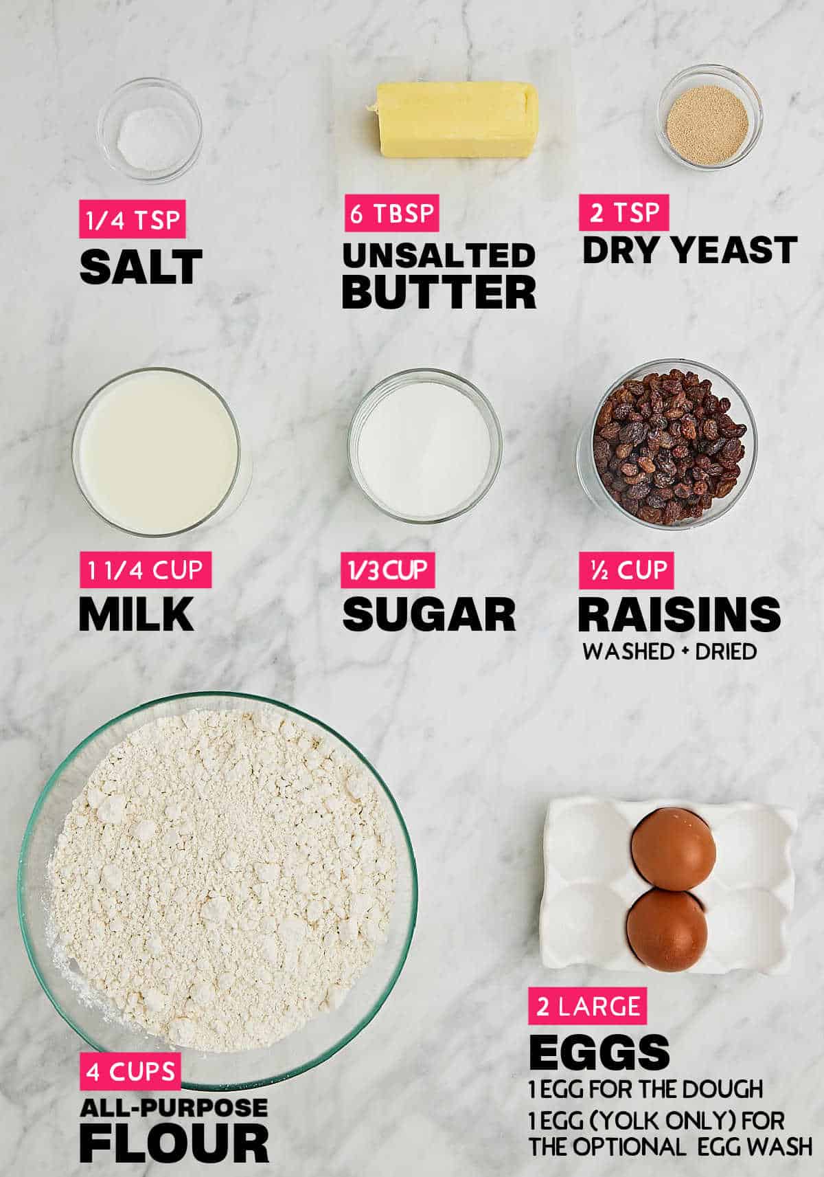 Ingredients needed to make Raisin Bread.
