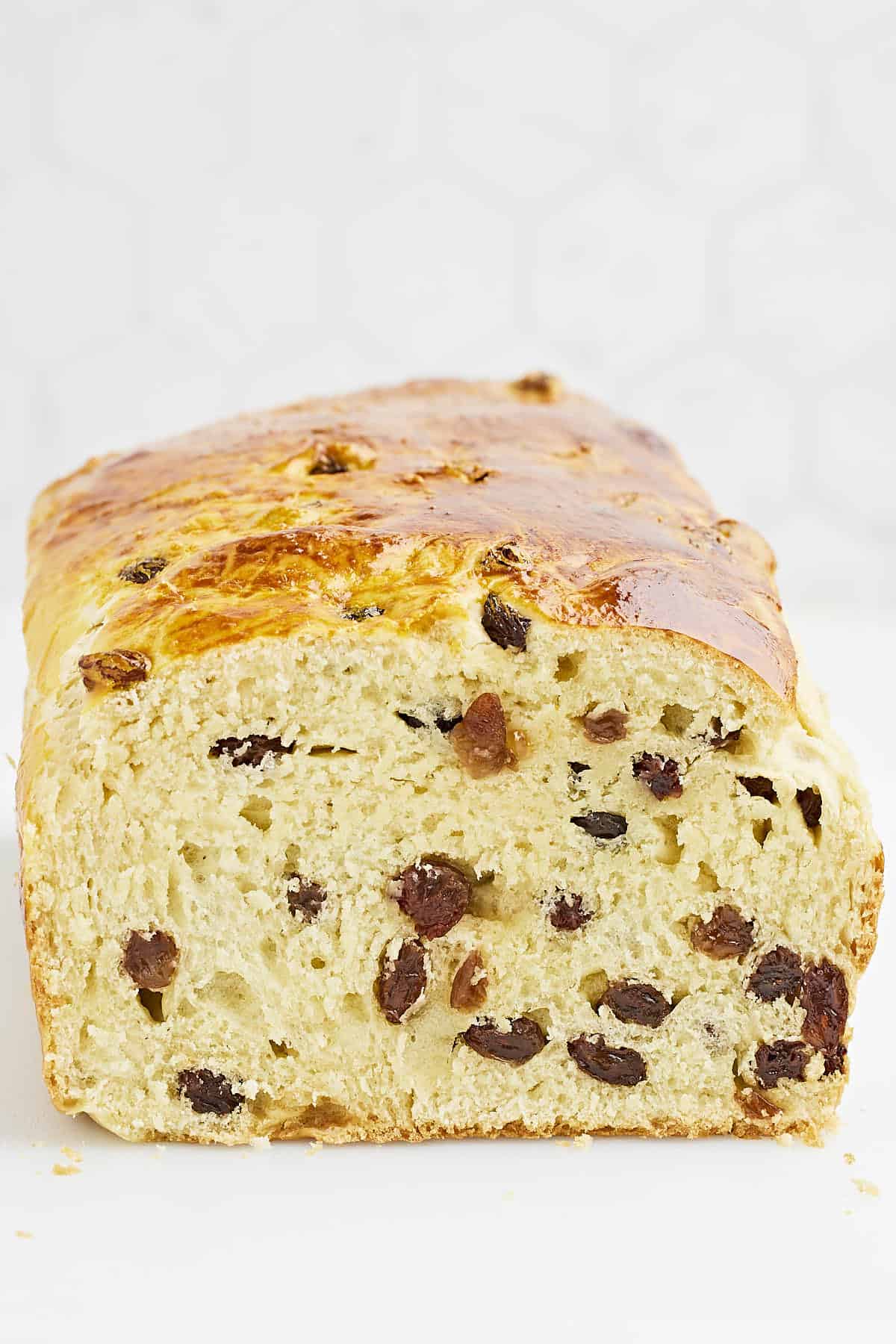 Closeup of a sliced Raisin Bread.