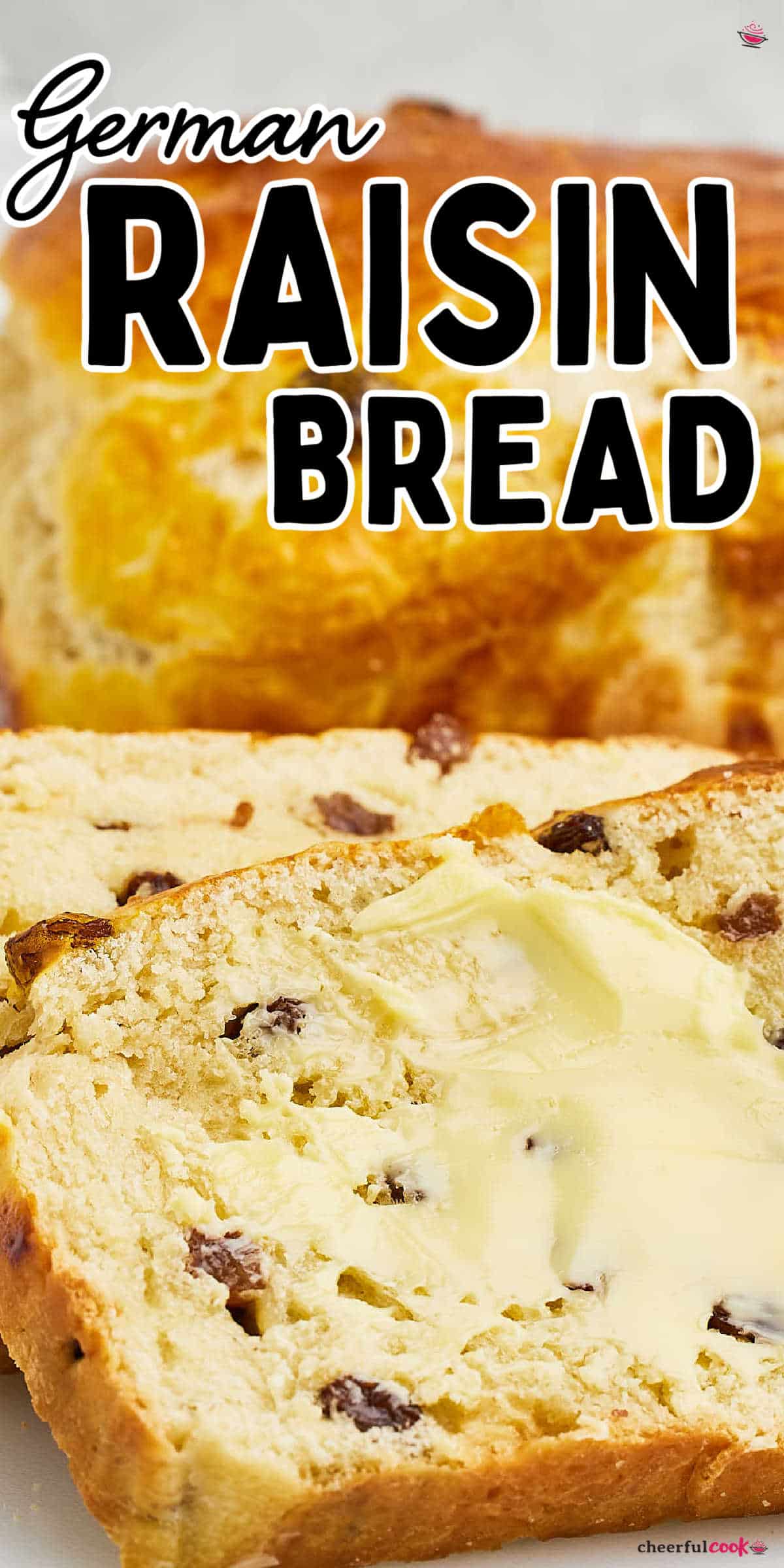 Indulge in the inviting aroma of homemade Raisin Bread - warm, fluffy, and tender. This scrumptious treat is surprisingly easy to make using a few simple ingredients! Start the day with a slice or enjoy a slice as a delicious midday treat. #cheerfulcook #raisinbread #homemadebread #easybaking #yeast  via @cheerfulcook