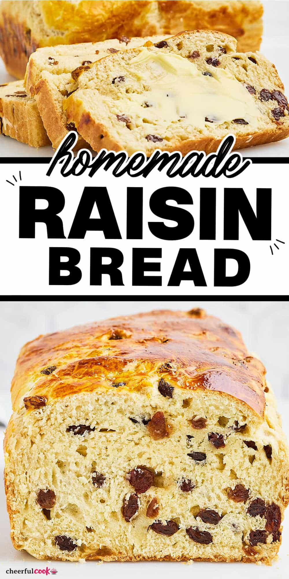 Indulge in the inviting aroma of homemade Raisin Bread - warm, fluffy, and tender. This scrumptious treat is surprisingly easy to make using a few simple ingredients! Start the day with a slice or enjoy a slice as a delicious midday treat. #cheerfulcook #raisinbread #homemadebread #easybaking #yeast  via @cheerfulcook