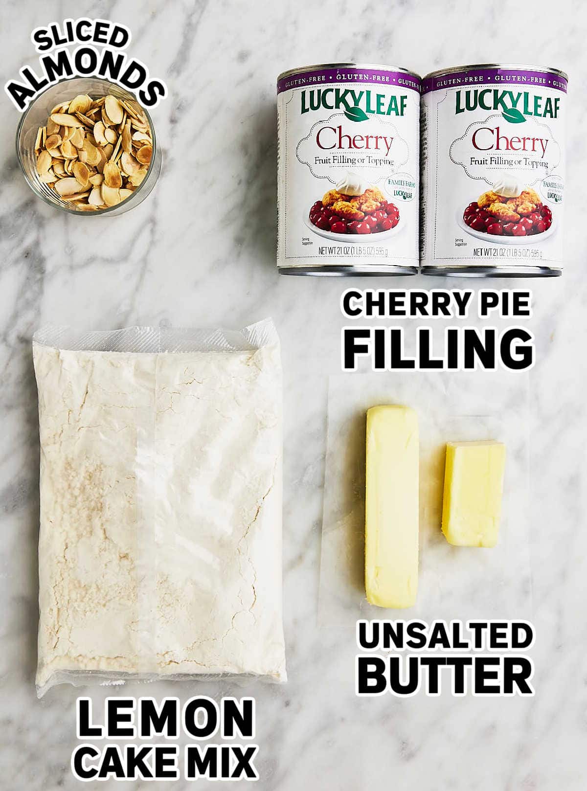 Ingredients needed to make Cherry Dump Cake.