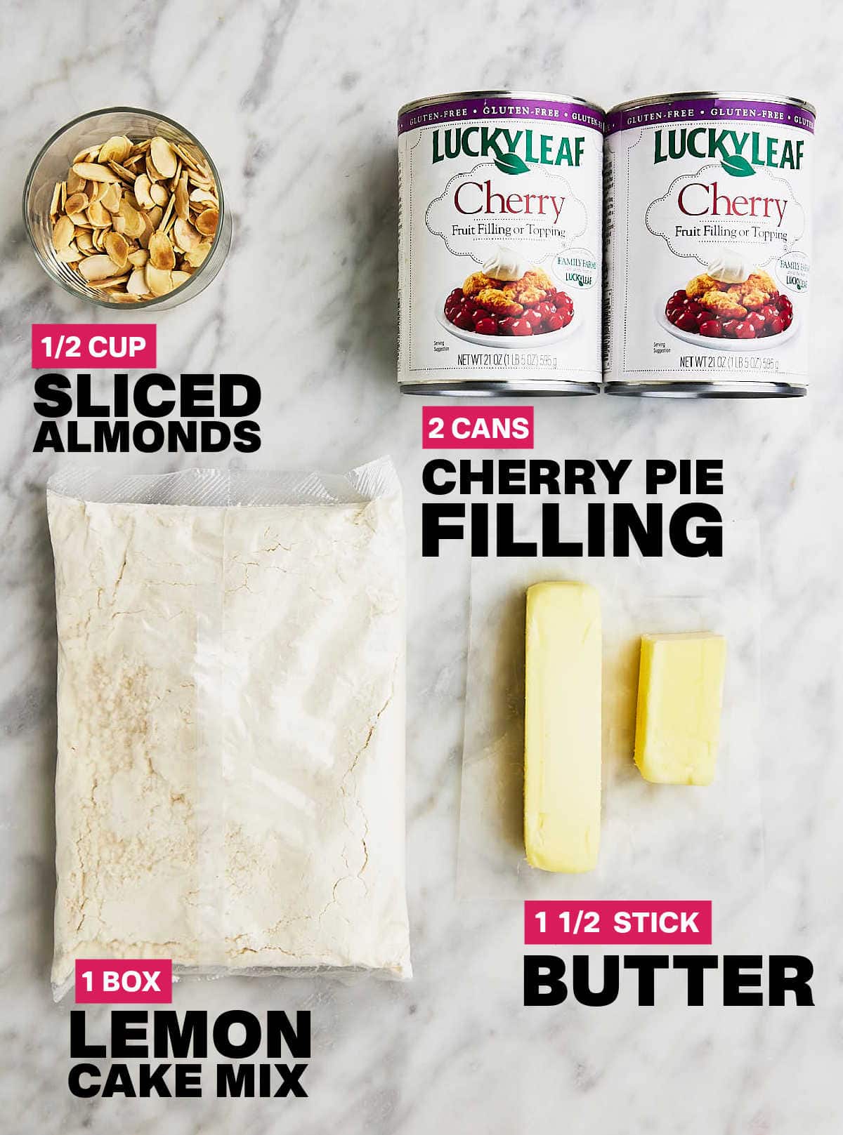 Ingredients needed to make a Cherry Dump Cake.