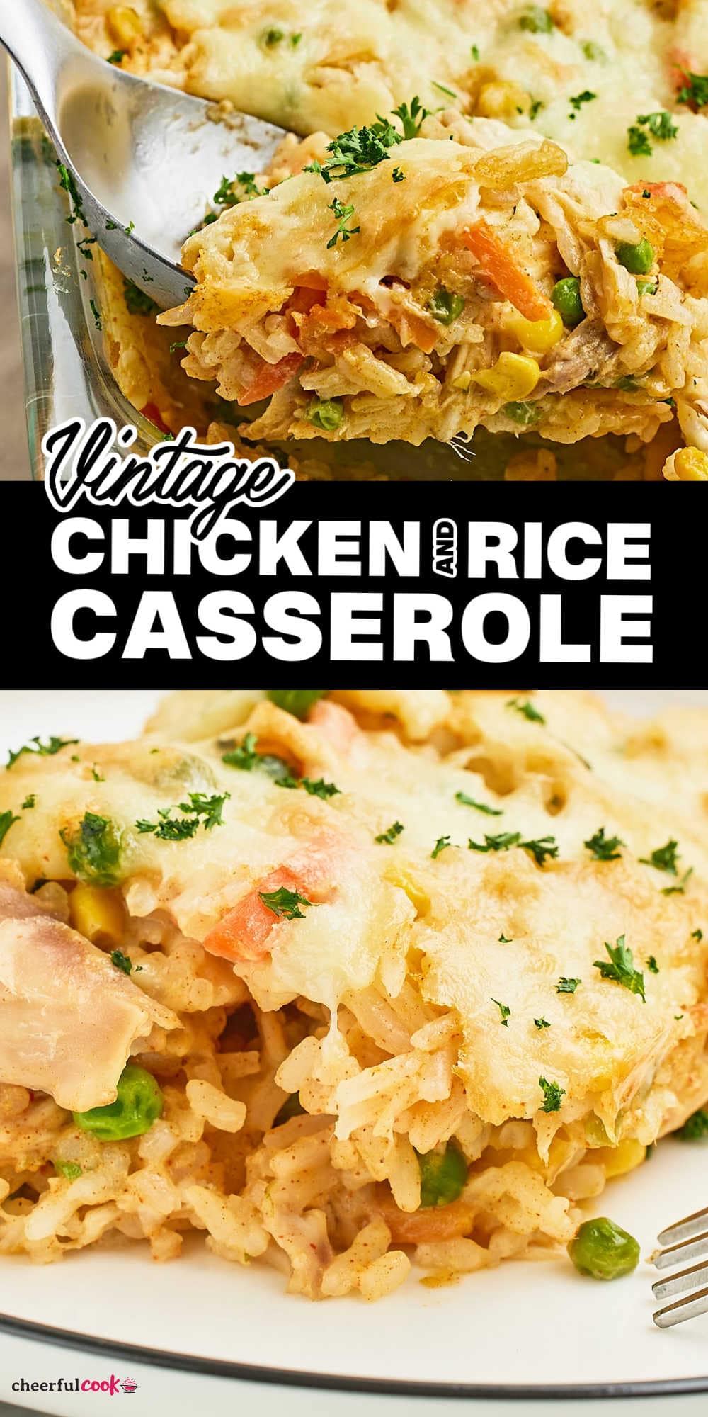 Looking for a quick and easy meal that's perfect for busy nights? Try our comforting chicken and rice casserole! Packed with rotisserie chicken, rice, mixed veggies, and a creamy sauce, it's a satisfying one-dish meal the whole family will love. Plus, it's customizable, so you can make it your own. #cheerfulcook #chickenricecasserole #casserole #chickencasserole #comfortfood #rotisseriechicken via @cheerfulcook