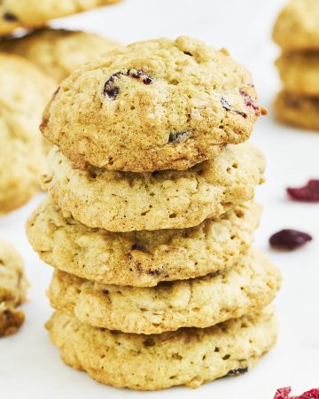 Closeup of a stack of Cranberry Oatmeal Cookies.