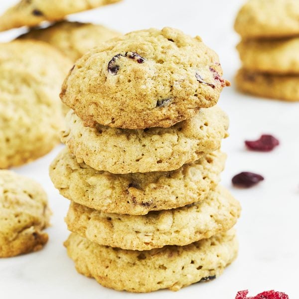 Closeup of a stack of Cranberry Oatmeal Cookies.