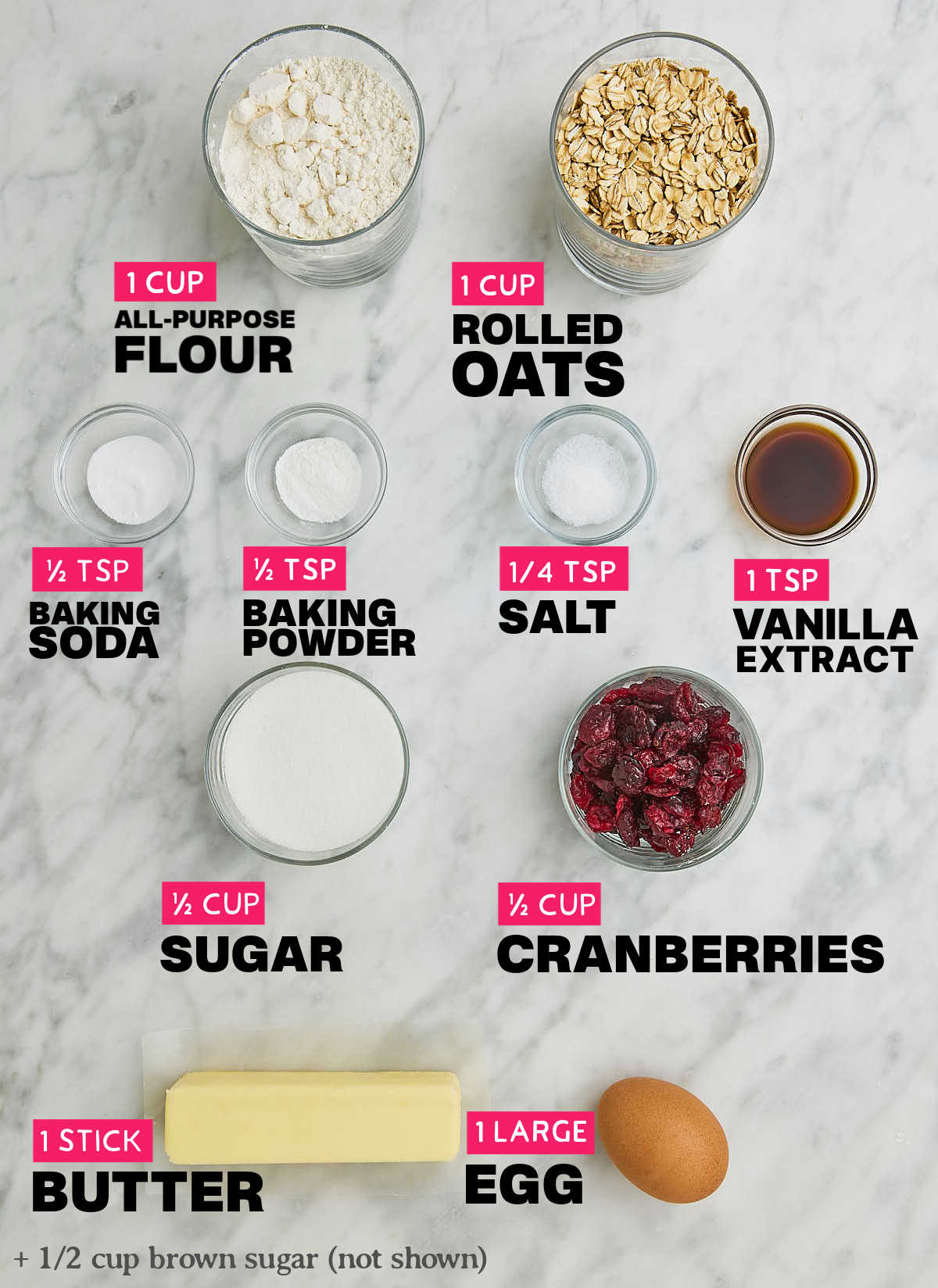 Ingredients needed to make Cranberry Oatmeal Cookies.