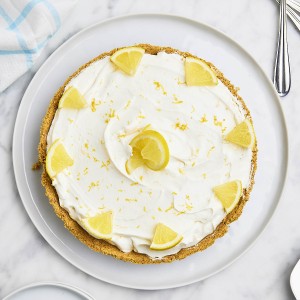 Top down view of a Lemon Icebox Cake on a white plate.
