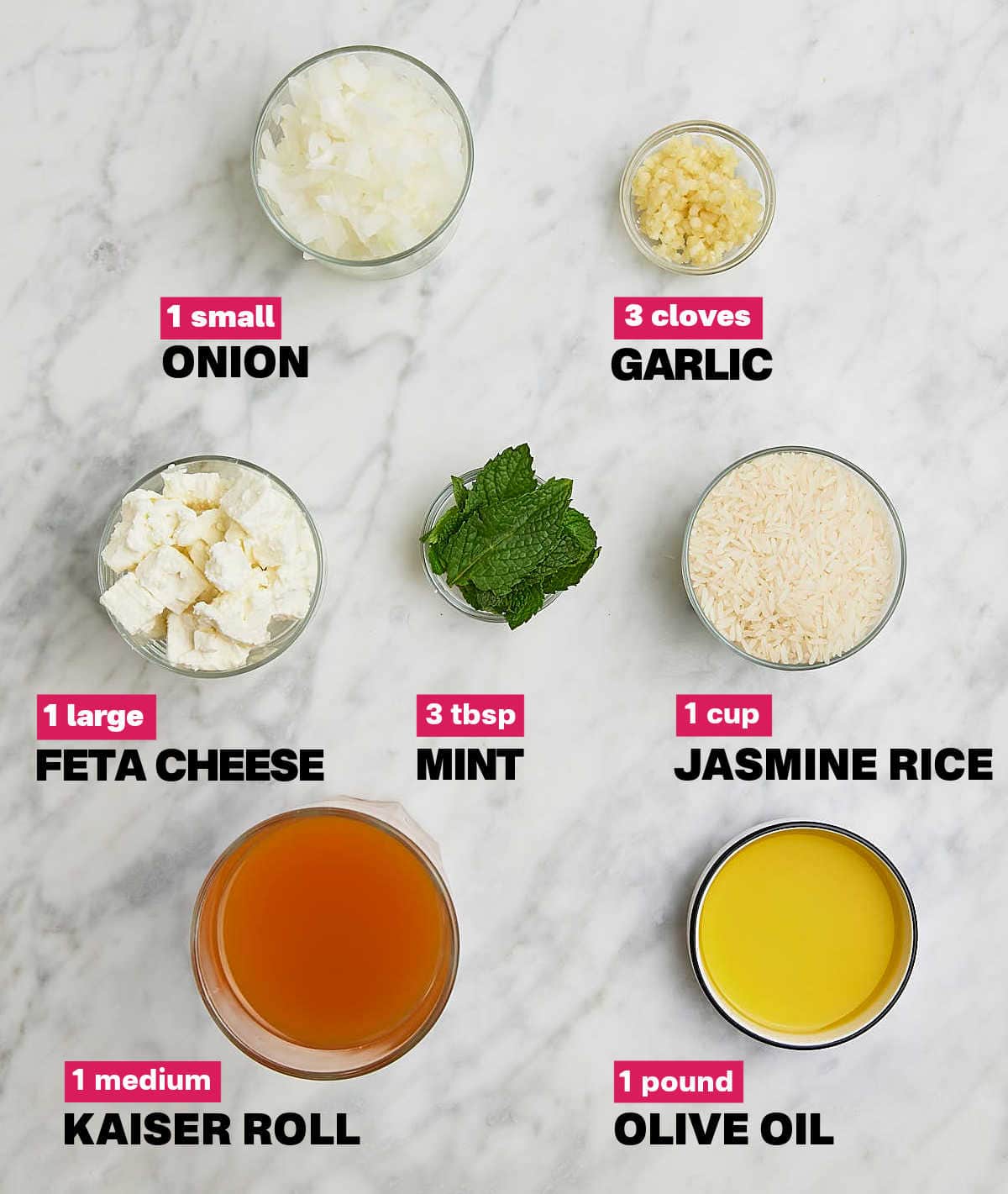 Ingredients needed to make Mint Rice with Feta Cheese.