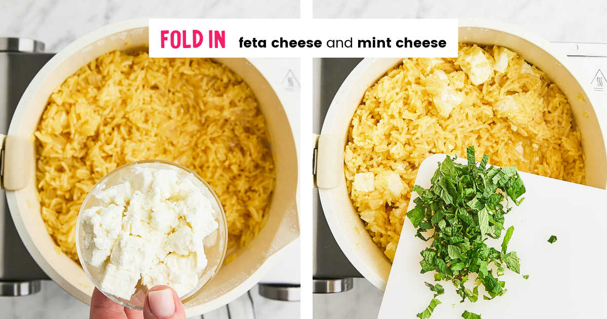 Process Step: Adding feta cheese and fresh mint.