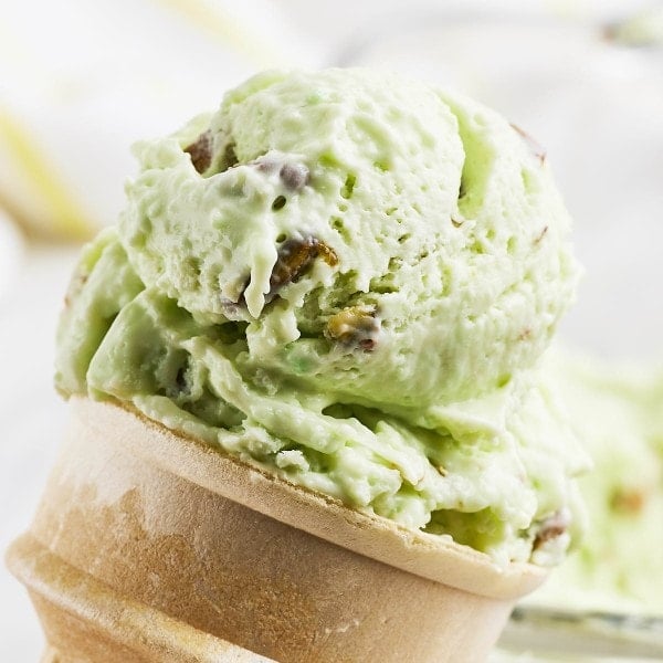 No-churn Pistachio Ice Cream in a cone.