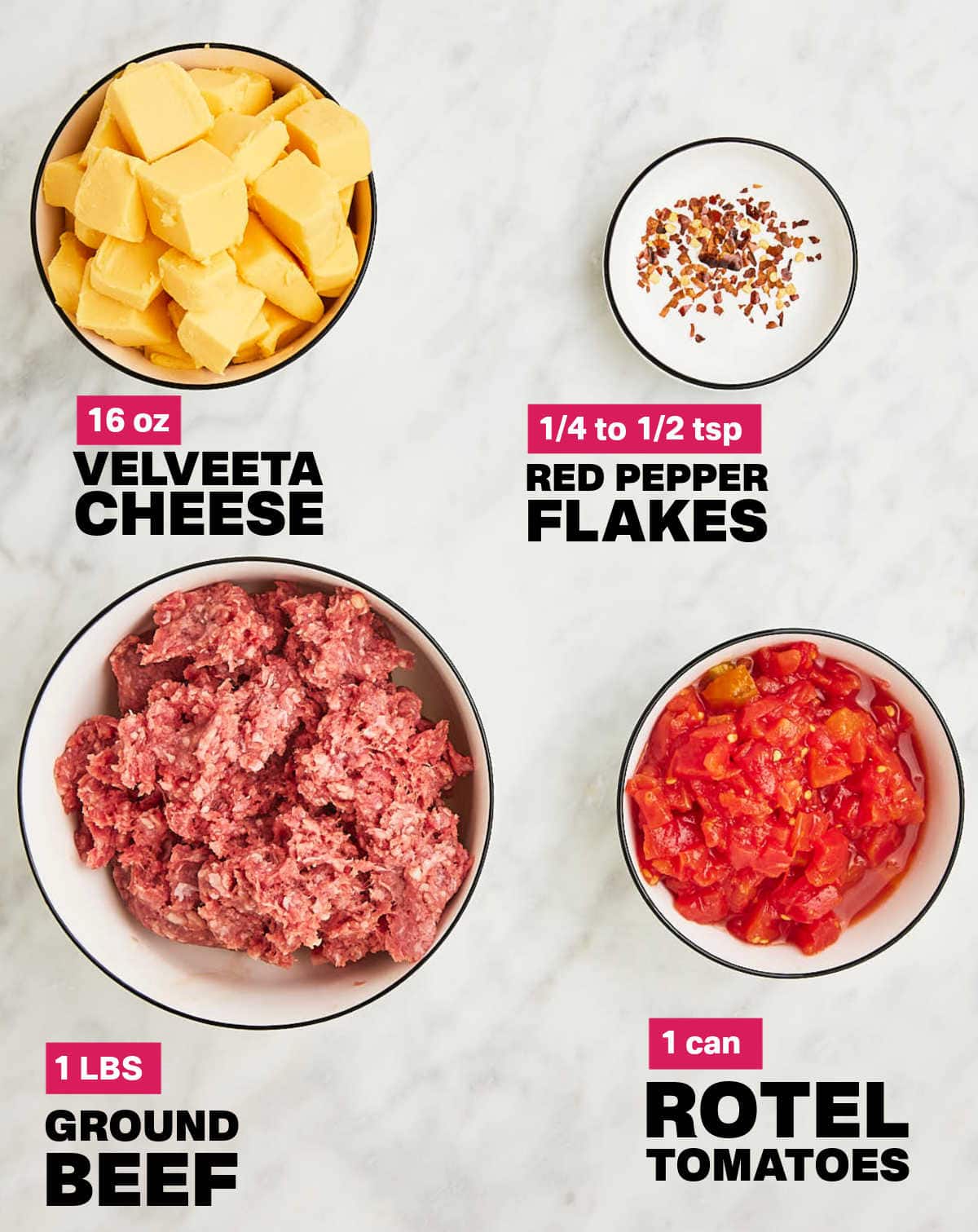Ingredients needed to make a Rotel Dip.