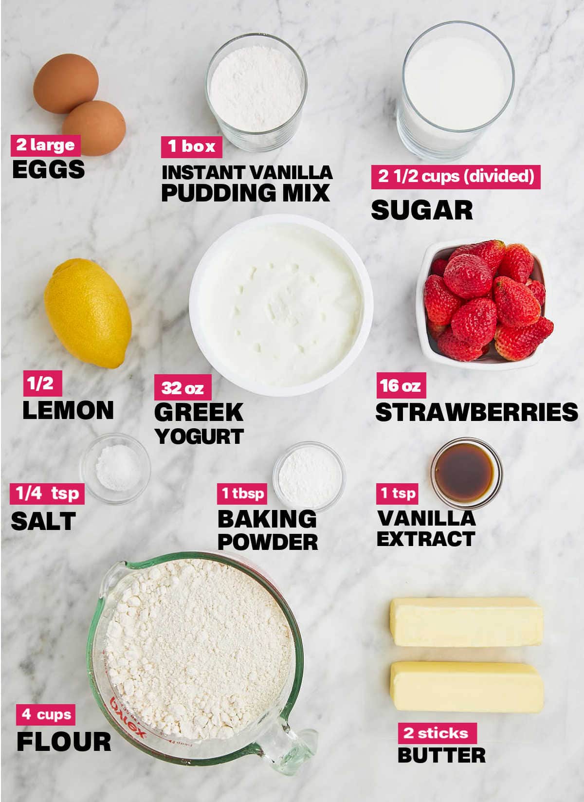 Ingredients needed to make Strawberry Cheesecake Bars.