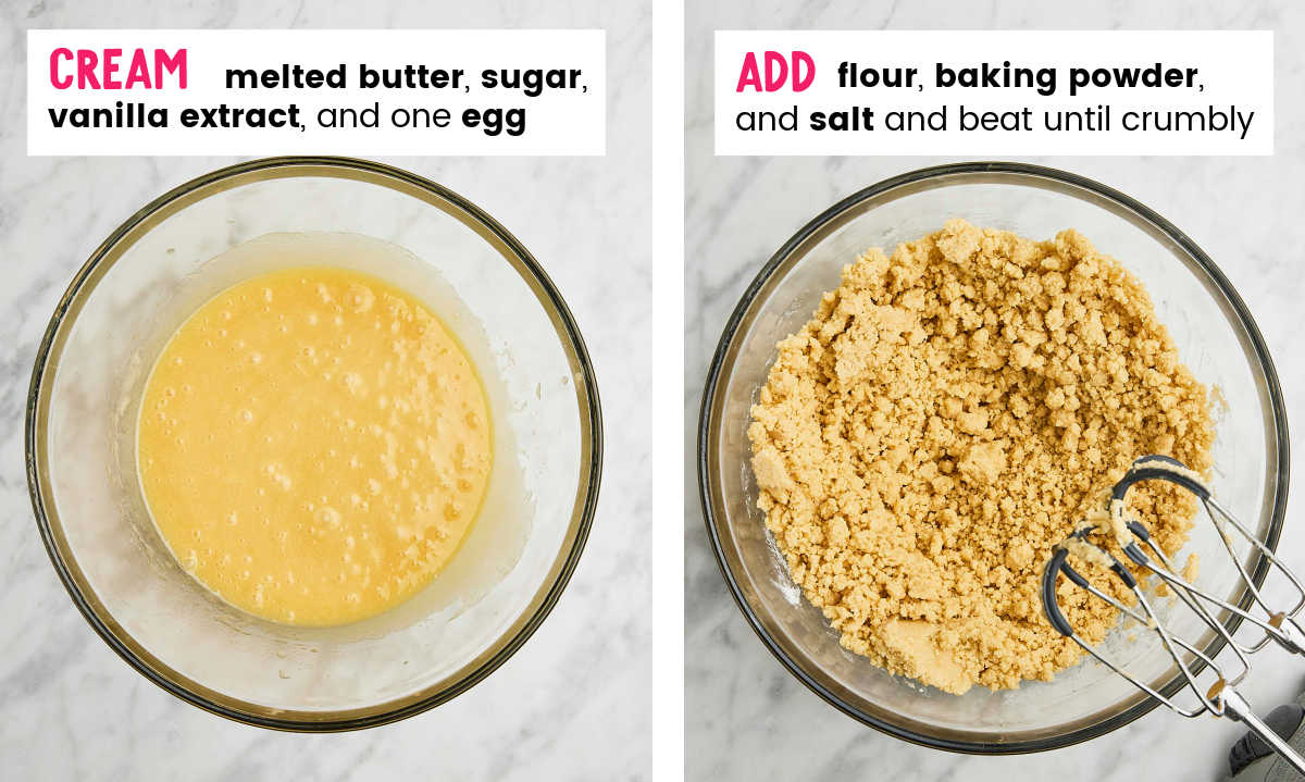 STEP: Mixing showing how to make the crust and crumb topping.