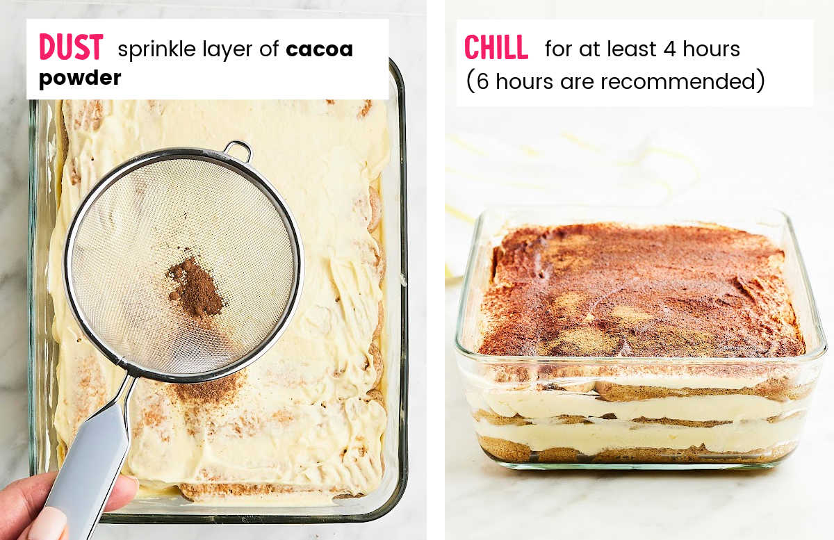 STEP - Dusting the Tiramisu with cacao powder and chilling in the fridge.
