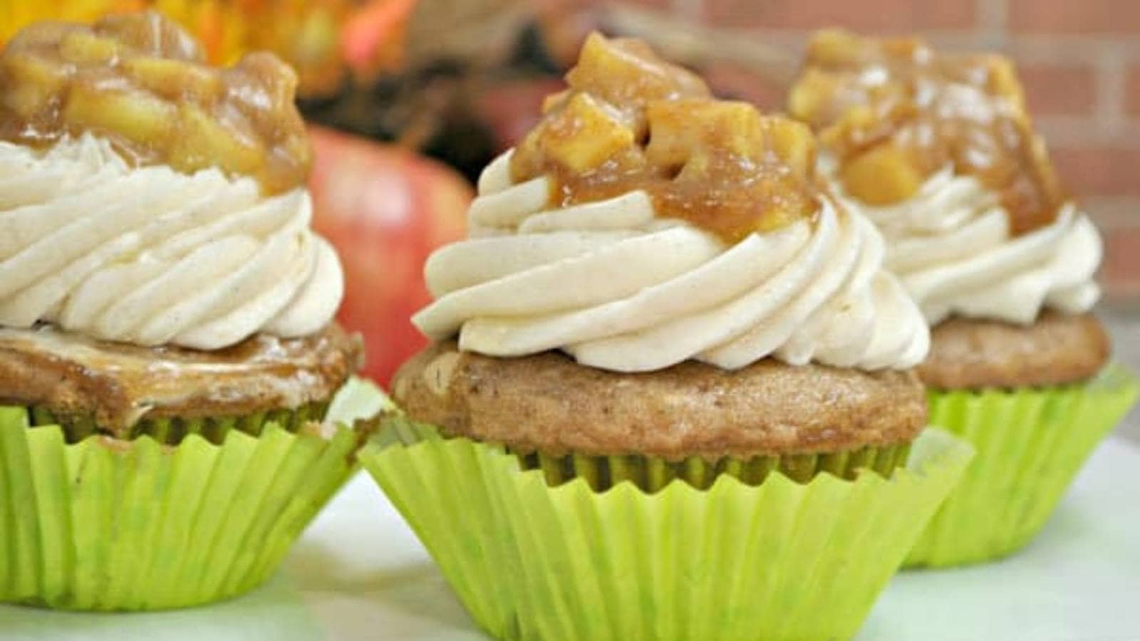 Spiced Cupcakes With Cinnamon Butter Cream and Apple Pie Topping recipe by Rainy Day Mum.