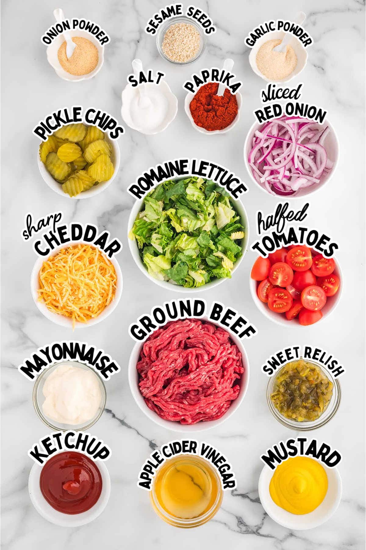 Ingredients needed to make a Big Mac Salad.