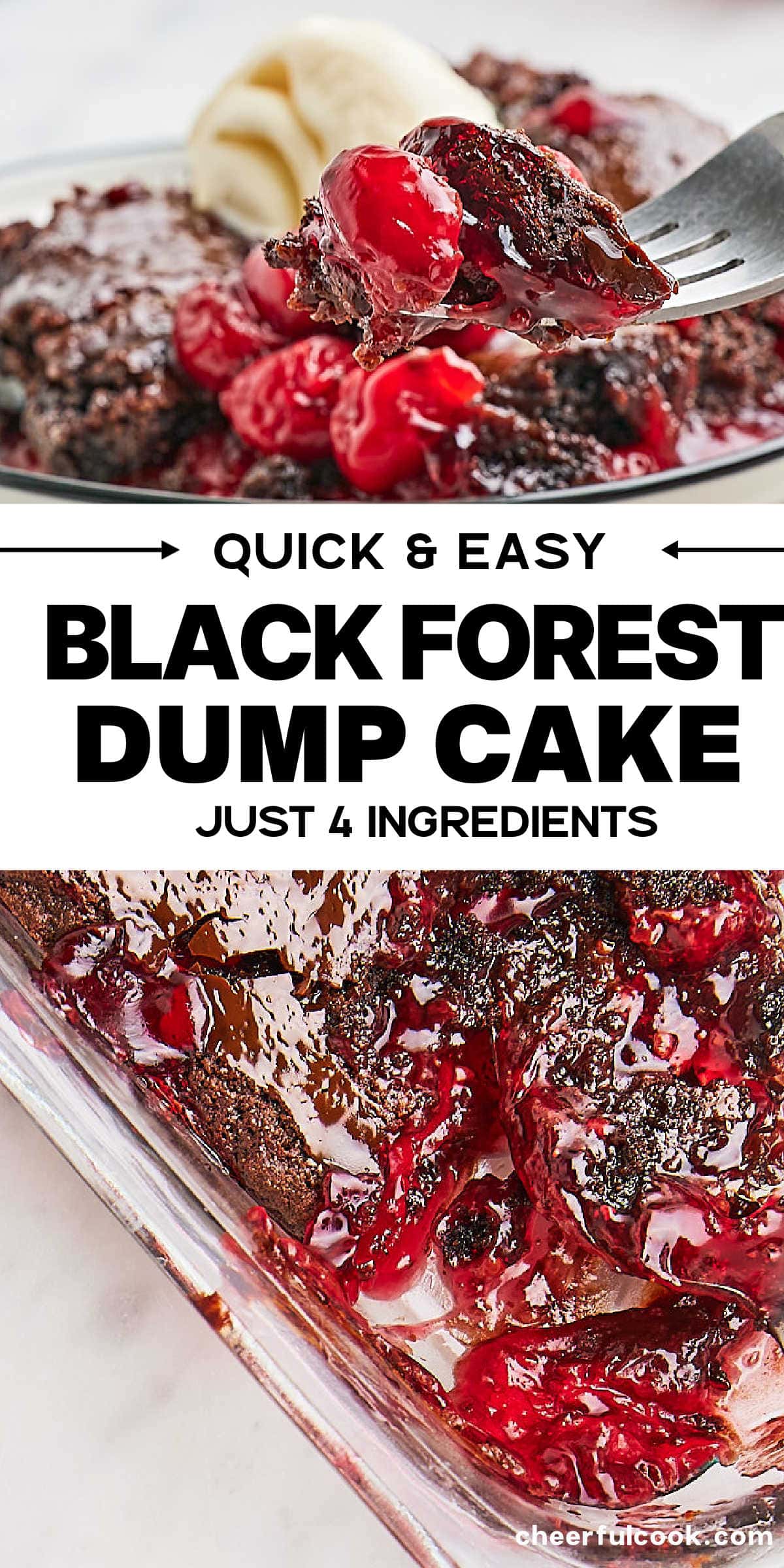 Get ready to enjoy our delightfully simple Black Forest Dump Cake. This recipe brings the magic of chocolate and cherries together to create an oh-so-tempting treat you just can't resist! Great for any occasion - be it a birthday bash, a cozy dinner, or just because. #cheerfulcook #BlackForestDumpCake #DumpCake #EasyDesserts #CherryChocolate via @cheerfulcook